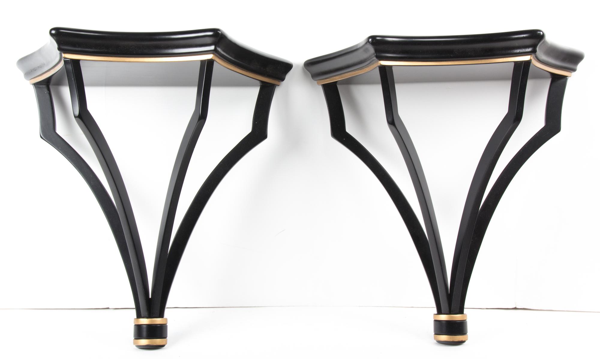 A Pair of Regency Style Black and Gilt Wall Brackets Height 17 inches.