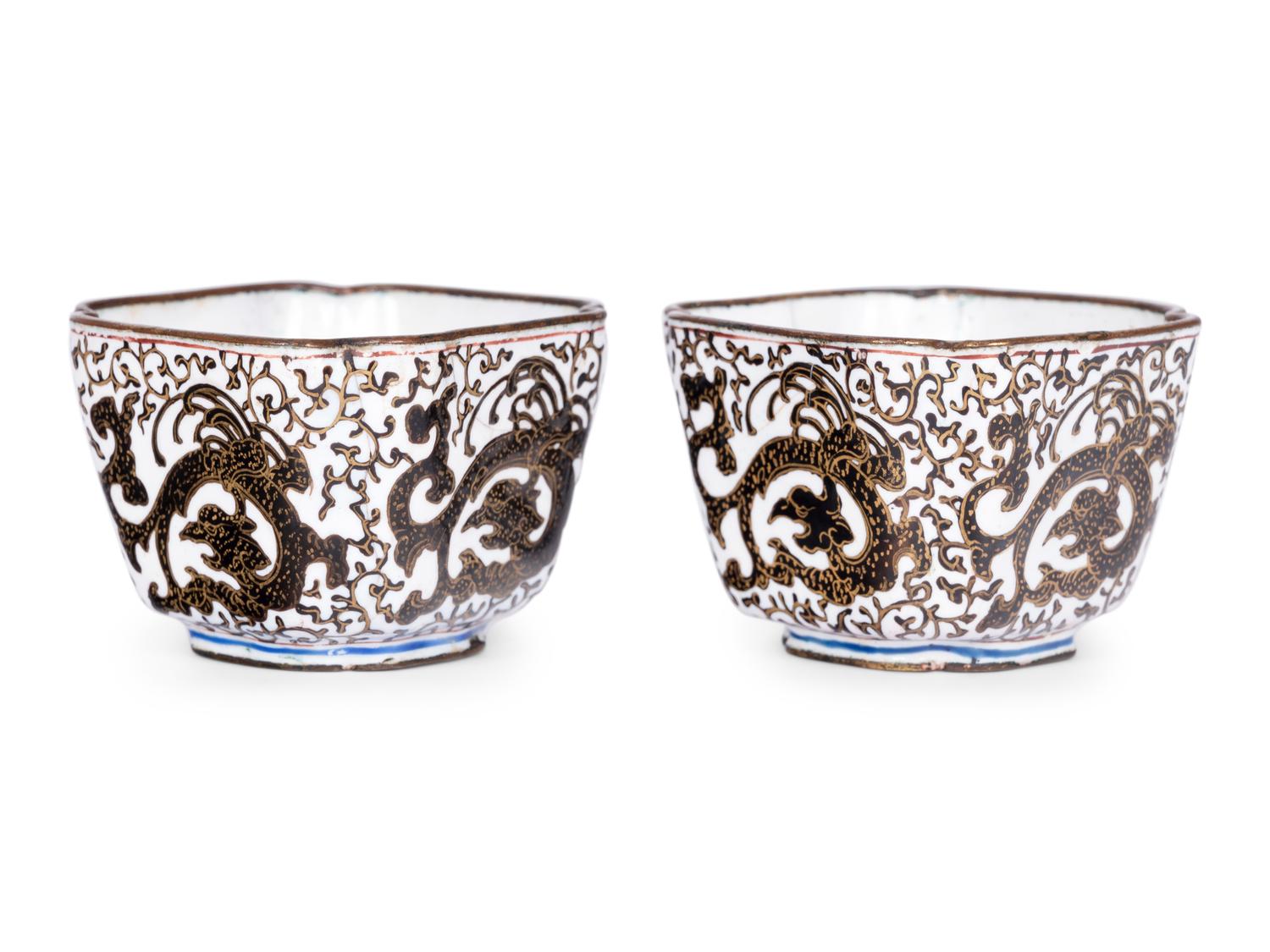 A Pair of Canton Enamel on Copper Square Wine Cups