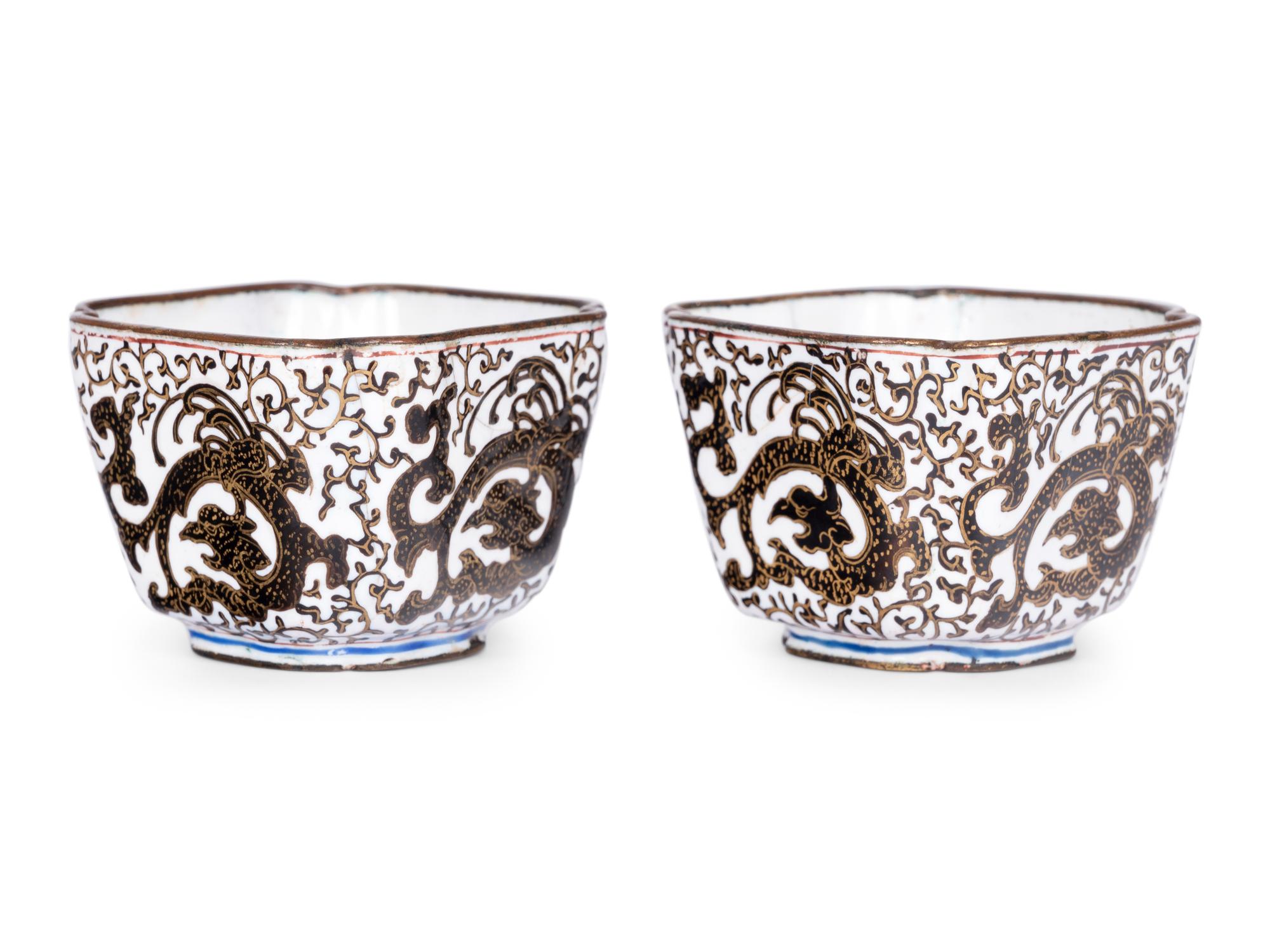 A Pair of Canton Enamel on Copper Square Wine Cups