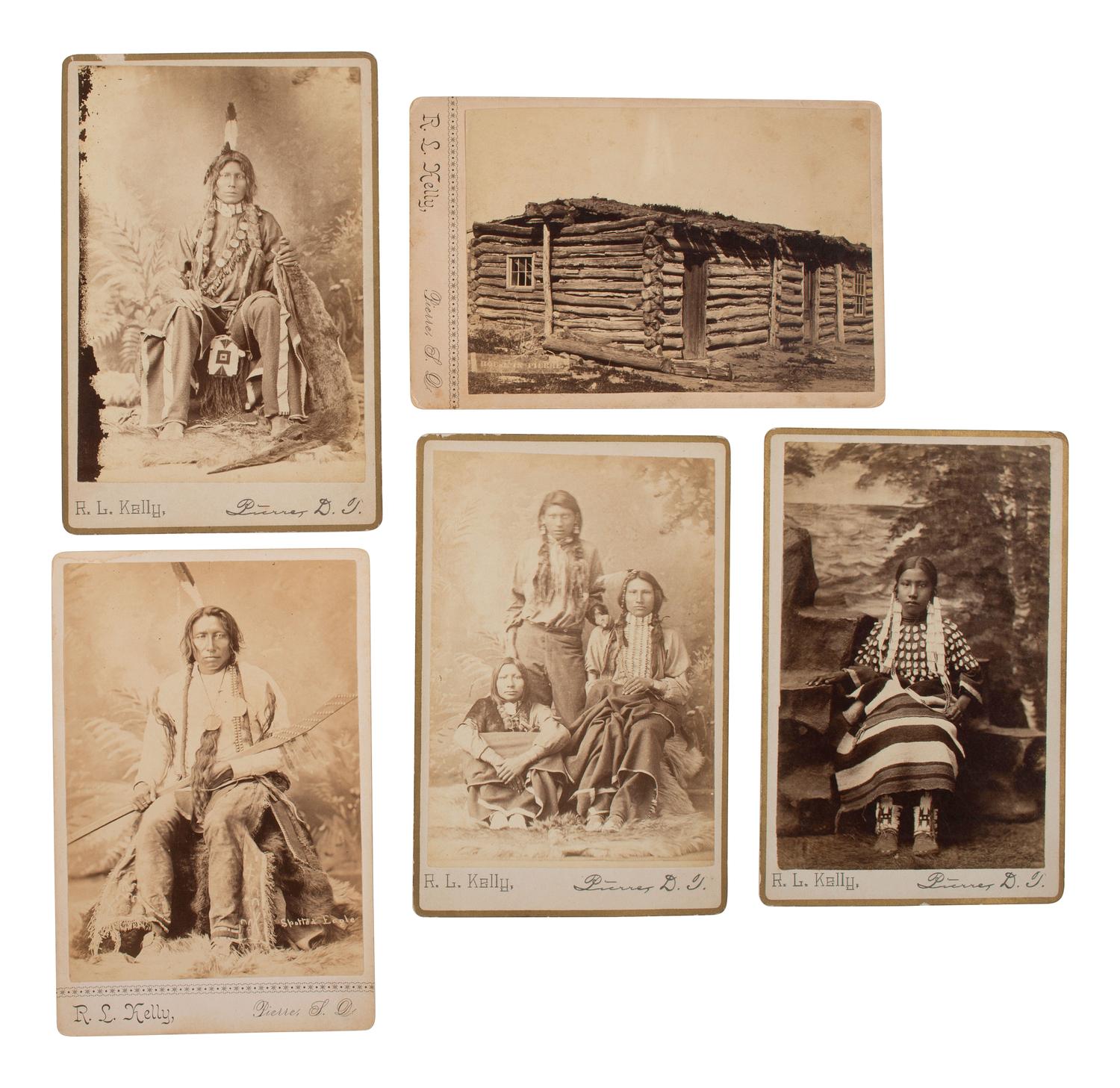 KELLY, R.L. (1851-1934), photog. A group of 5 cabinet cards of Native American subjects, incl. Spotted Eagle. Pierre, South Dakota, ca 1880s.