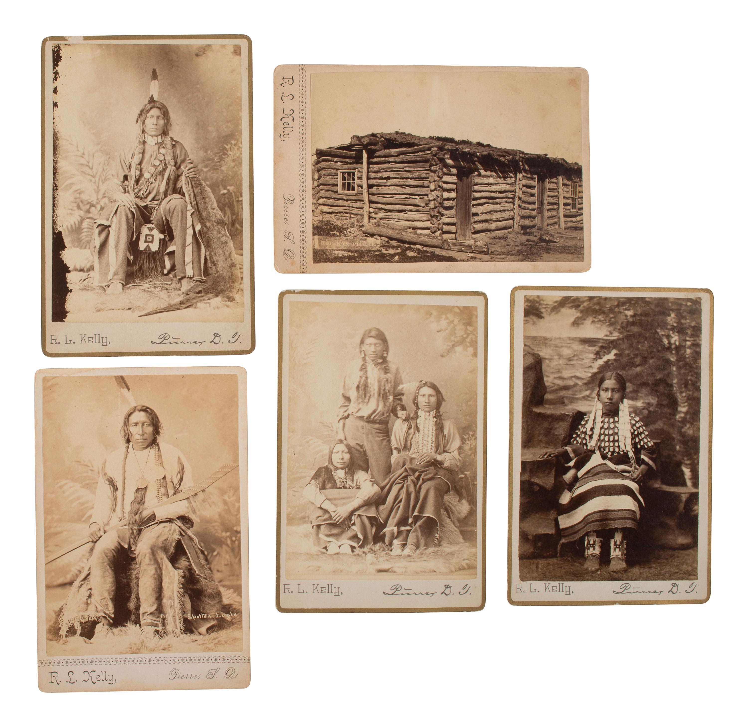 KELLY, R.L. (1851-1934), photog. A group of 5 cabinet cards of Native American subjects, incl. Spotted Eagle. Pierre, South Dakota, ca 1880s.