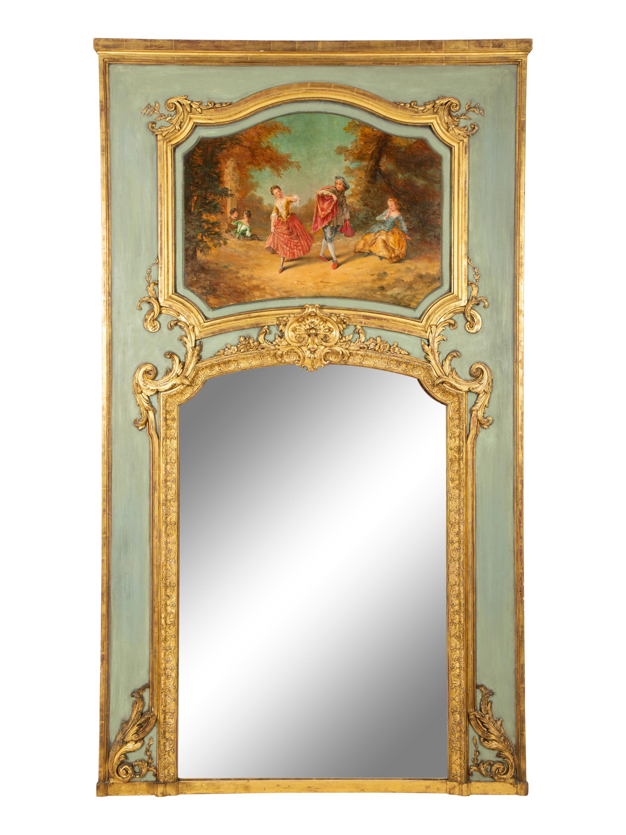 A French Painted and Parcel Gilt Trumeau Mirror