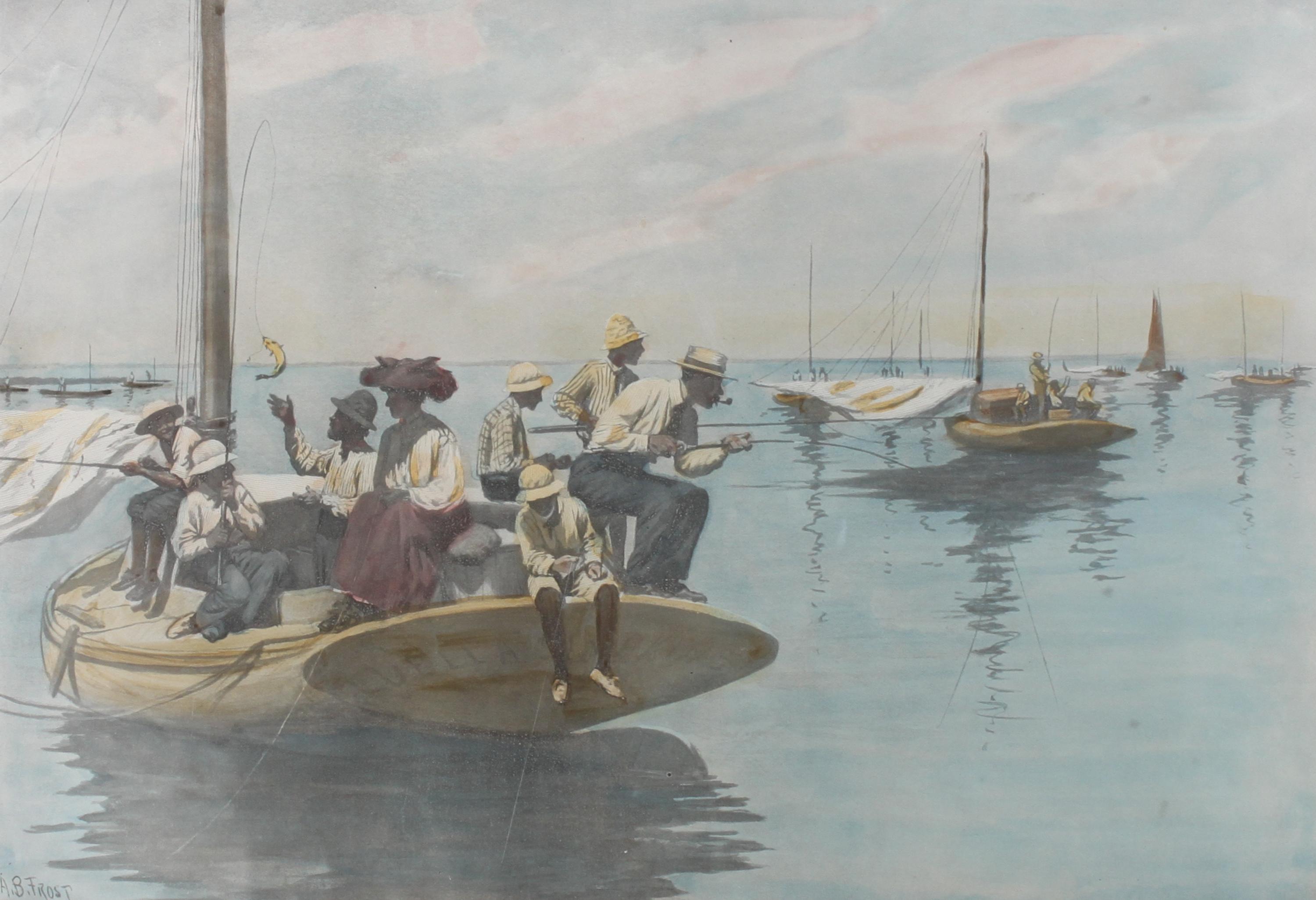 Six Hand Colored Fishing Prints Height 15 x width 10 inches (largest) — LATE 19TH/EARLY 20TH CENTURY