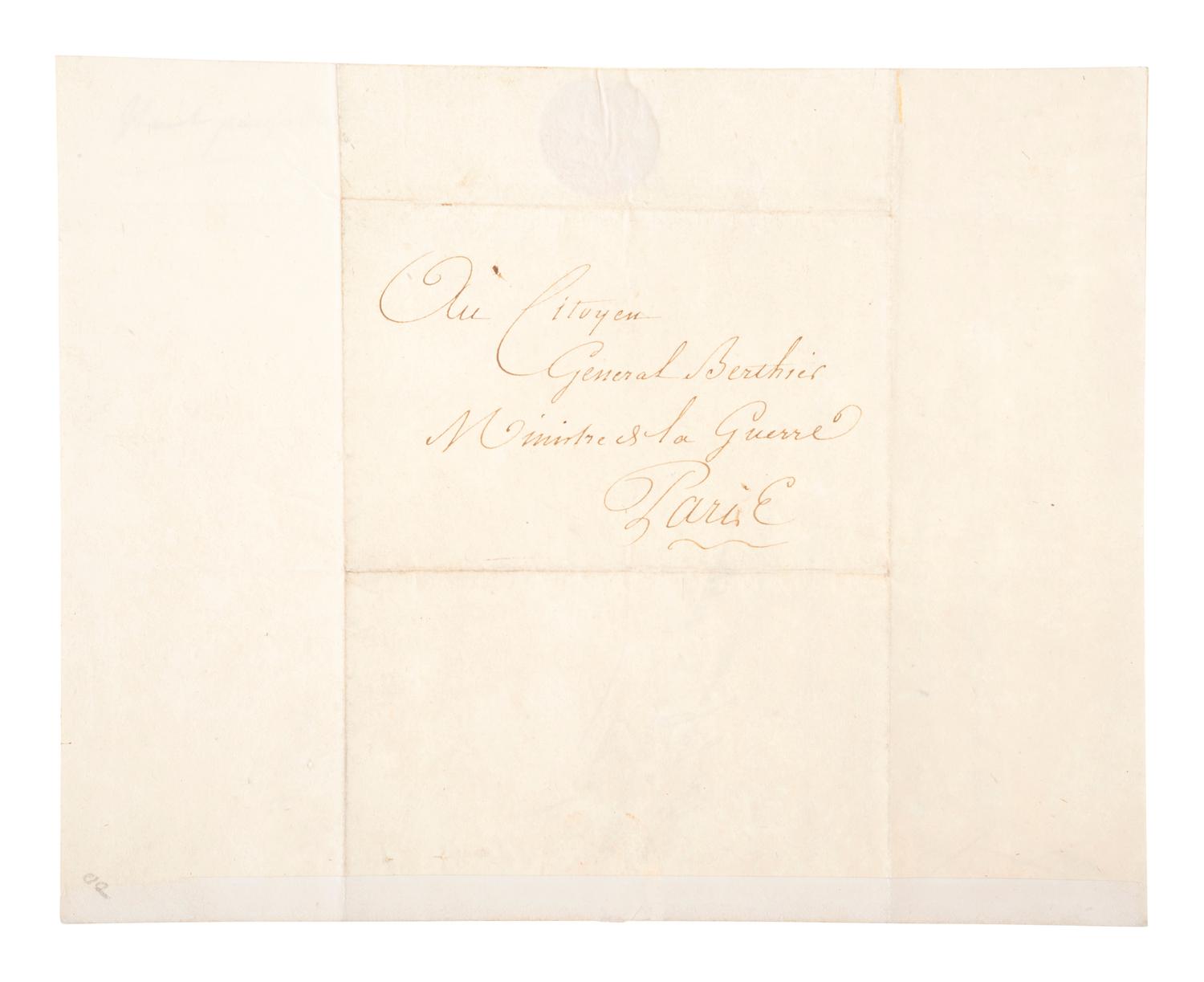 LAFAYETTE, Marie-Joseph Paul Yves Roch Gilbert du Motier, Marquis de (1757-1834). Document signed ("Lafayette") to General Louis-Alexandre Berthier, French Minister of War. 5 May 1794. [ With: ] Lafayette mourning ribbon, 1843.