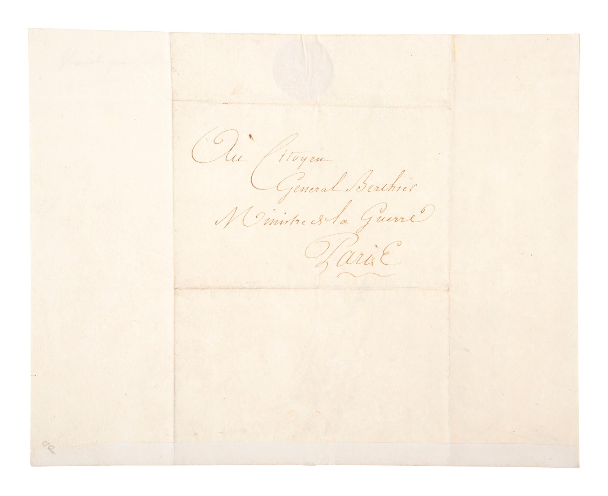 LAFAYETTE, Marie-Joseph Paul Yves Roch Gilbert du Motier, Marquis de (1757-1834). Document signed ("Lafayette") to General Louis-Alexandre Berthier, French Minister of War. 5 May 1794. [ With: ] Lafayette mourning ribbon, 1843.