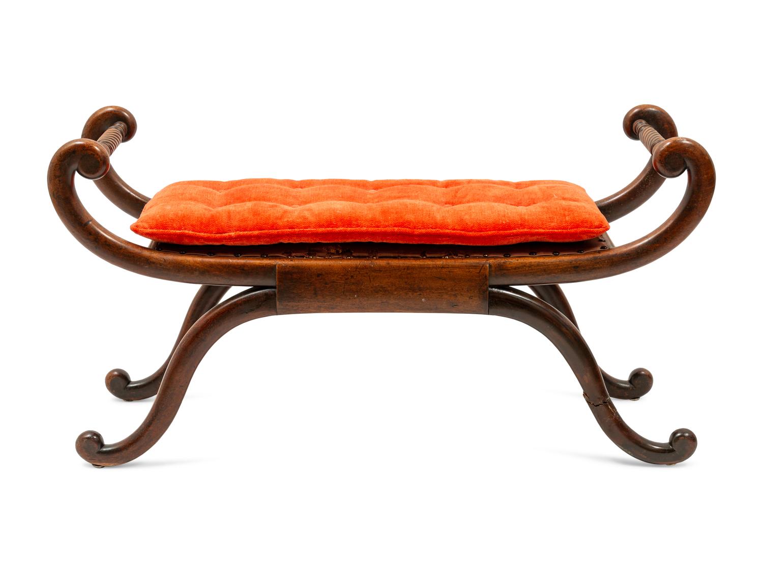 English Regency Curule Bench with Carved Sides and Scrolled Legs