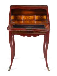 A Louis XV Red Chinoiserie Lacquered Slant-Front Bureau