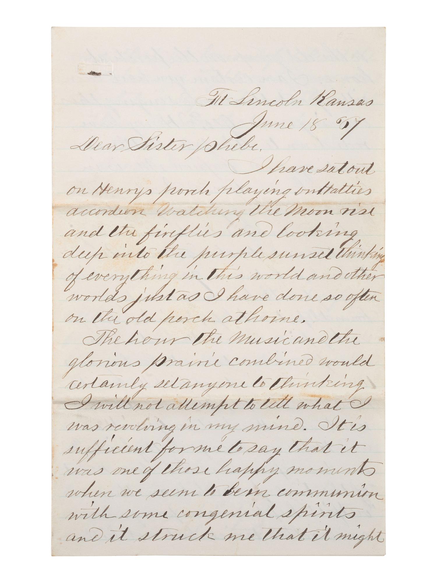 [KANSAS] -- [NATIVE AMERICANS]. 6 page ALS from Fort Lincoln, KS, 18 June 1867.