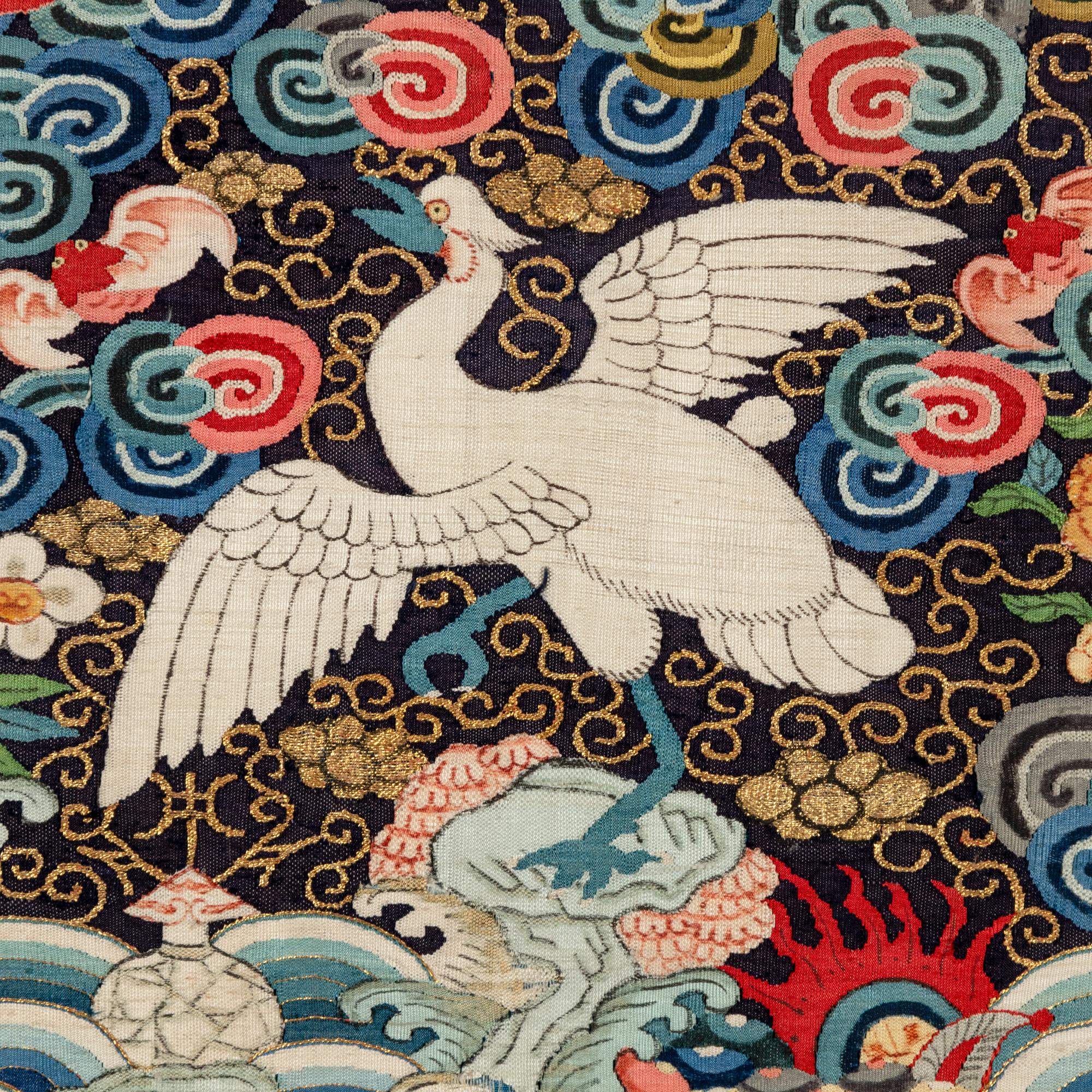 Two Chinese Kesi Silk Civil Official's Rank Badges, Mid-Late Qing Dynasty 清中晚期 醬地緙絲補子兩幅