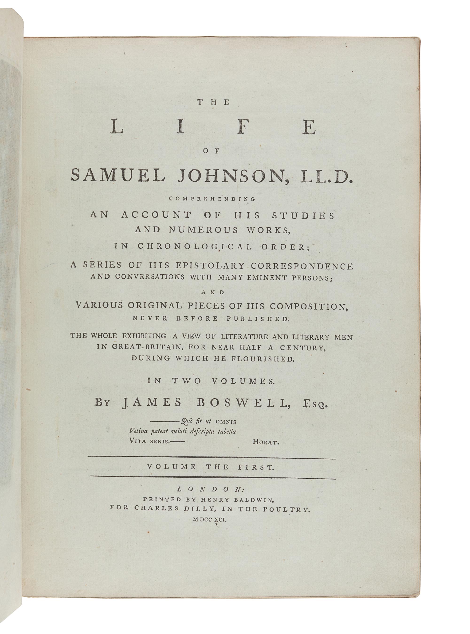 BOSWELL, James (1740-1795). The Life of Samuel Johnson. London: Henry Baldwin for Charles Dilly, 1791. [ With :] The Principal Corrections and Additions to the First Edition of Mr. Boswell's Life of Dr. Johnson. London: 1793.