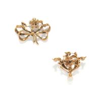 TWO CULTURED PEARL, DIAMOND, AND YELLOW GOLD BROOCHES