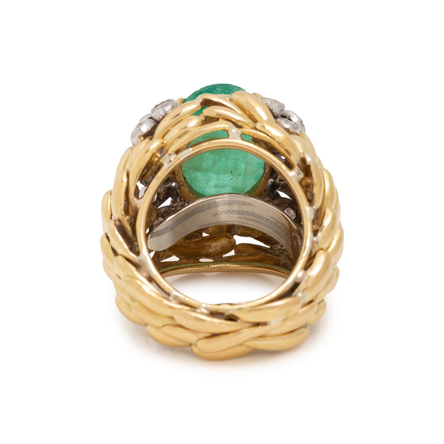 YELLOW GOLD, CARVED EMERALD AND DIAMOND RING