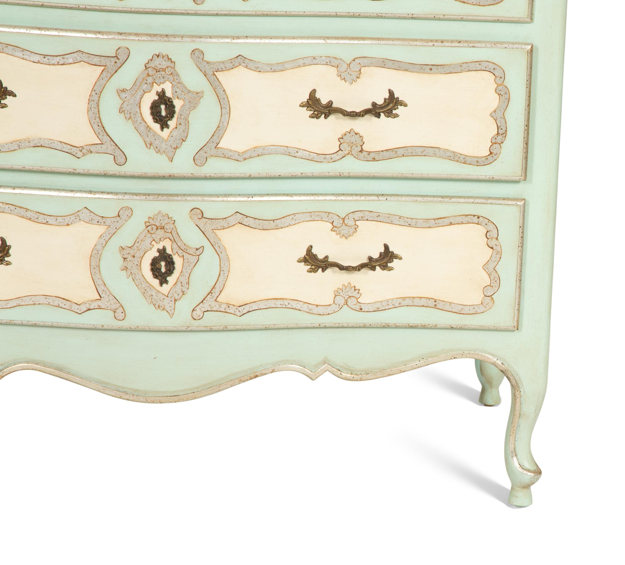 A Pair of Louis XV Style Painted and Silver Gilt Commodes with Faux Marble Tops