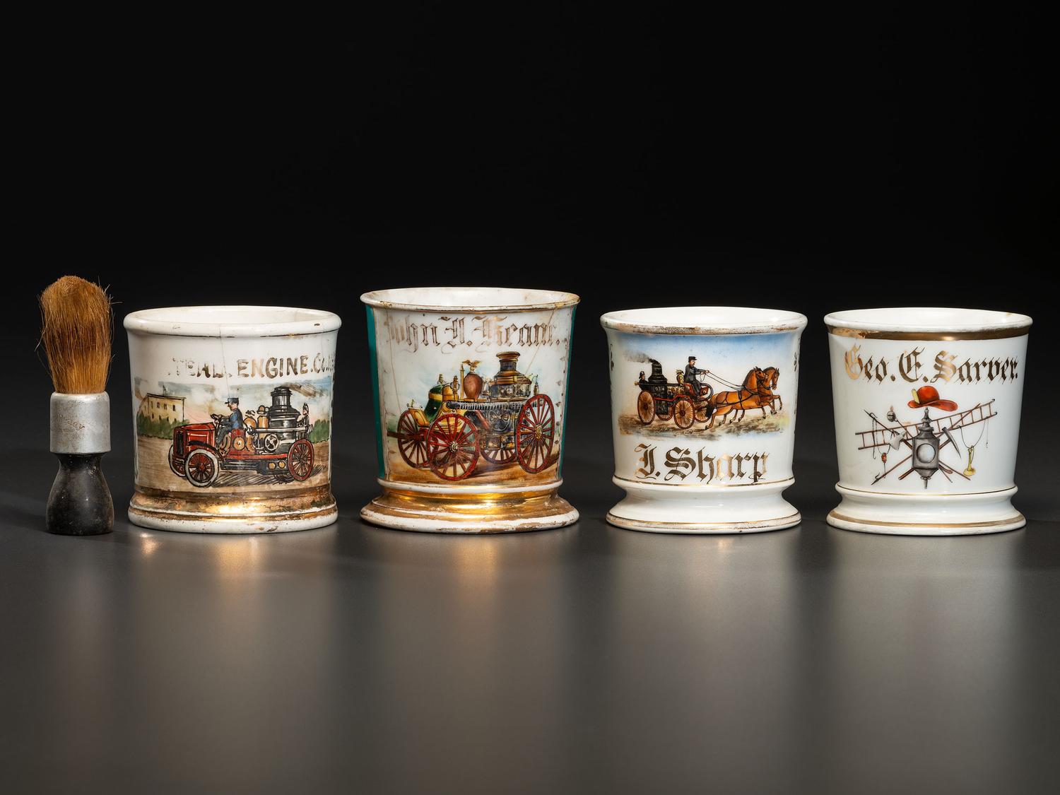 Four Firefighter's Porcelain Occupational Shaving Mugs