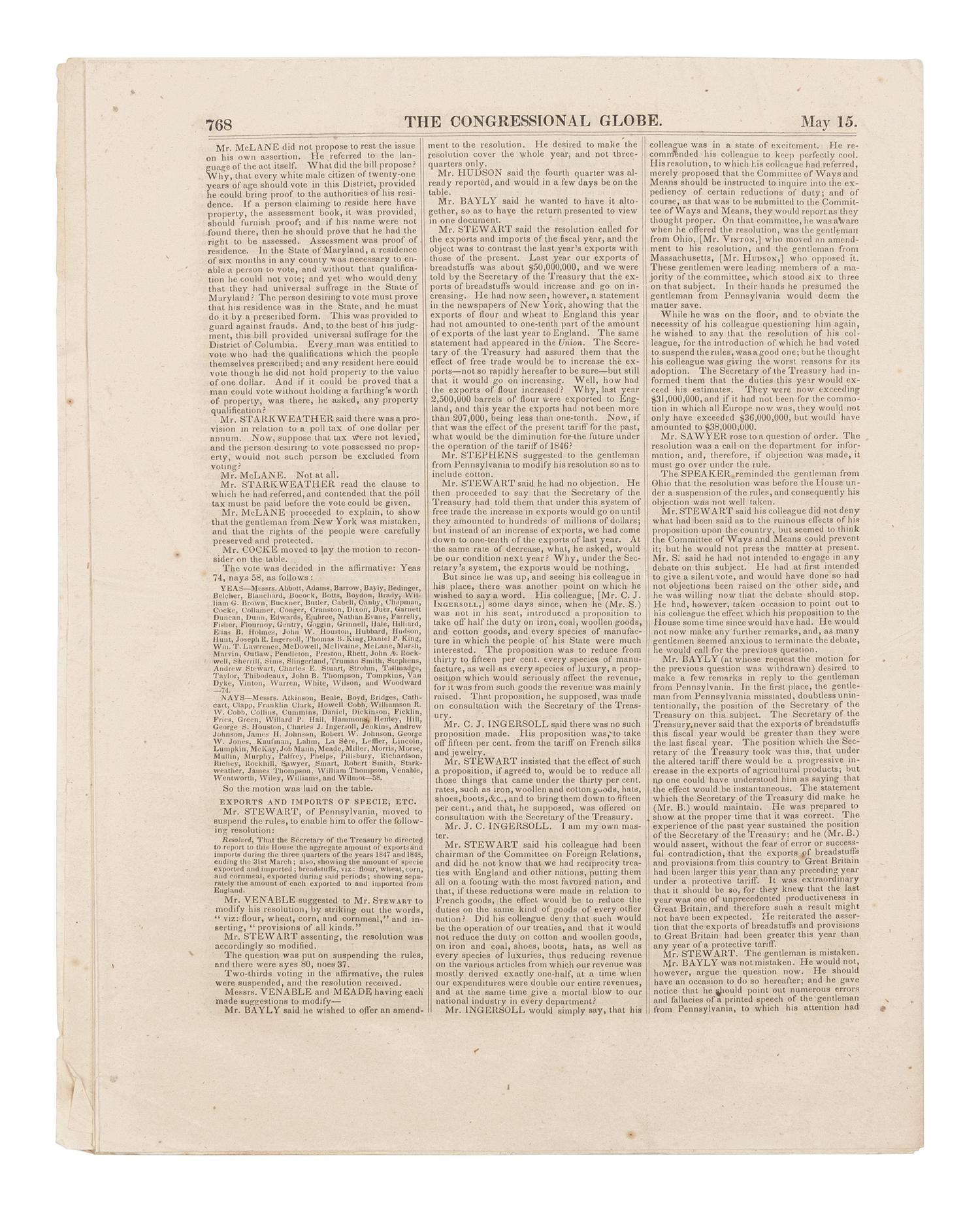 [LINCOLN, Abraham (1809-1865)]. The Congressional Globe . 30th Congress, 1st Session. New Series No. 48. Washington, D.C.: Blair & Rives, 16 May 1848.