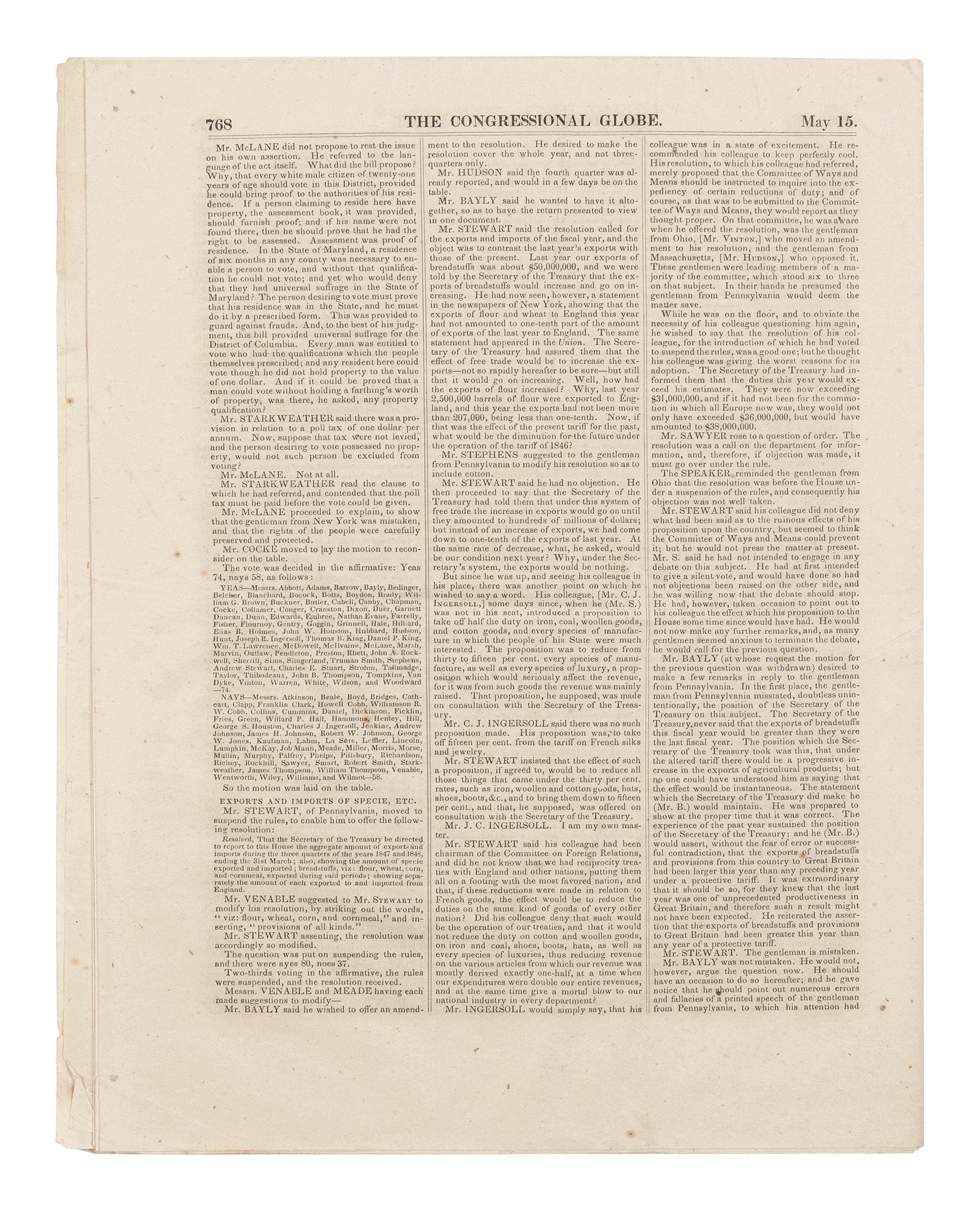 [LINCOLN, Abraham (1809-1865)]. The Congressional Globe . 30th Congress, 1st Session. New Series No. 48. Washington, D.C.: Blair & Rives, 16 May 1848.