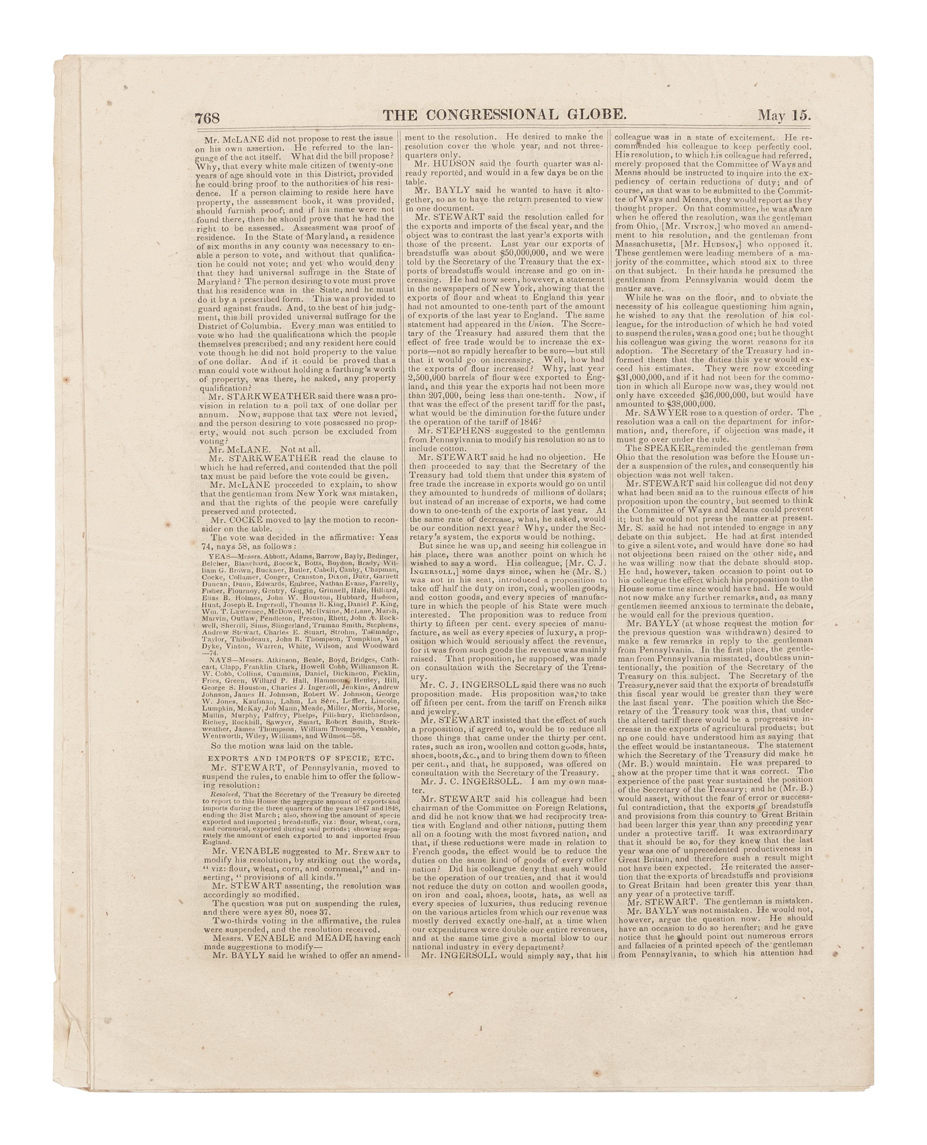 [LINCOLN, Abraham (1809-1865)]. The Congressional Globe . 30th Congress, 1st Session. New Series No. 48. Washington, D.C.: Blair & Rives, 16 May 1848.
