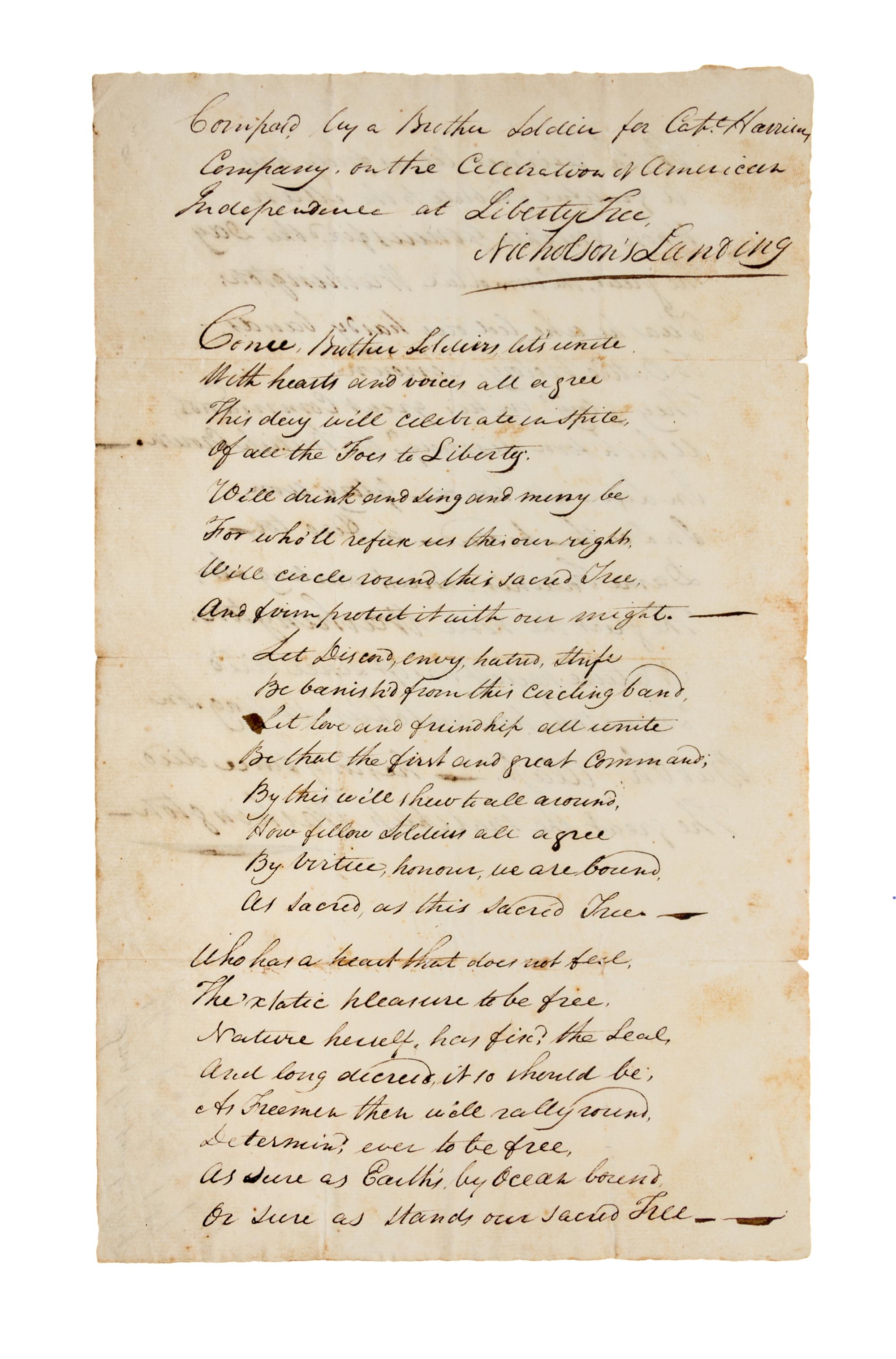 (AMERICANA) Manuscript song composed by Major Johnston for 4th of July, 1807. Two pages.