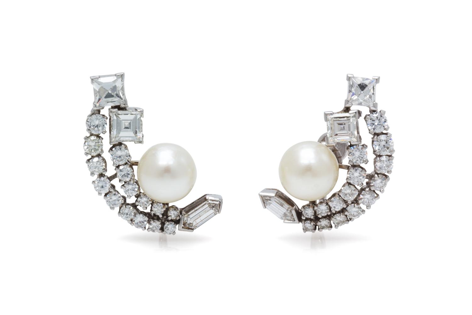 A Pair of Vintage Platinum, Cultured Pearl and Diamond Earclips, 8.50 dwts.
