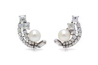 A Pair of Vintage Platinum, Cultured Pearl and Diamond Earclips, 8.50 dwts.