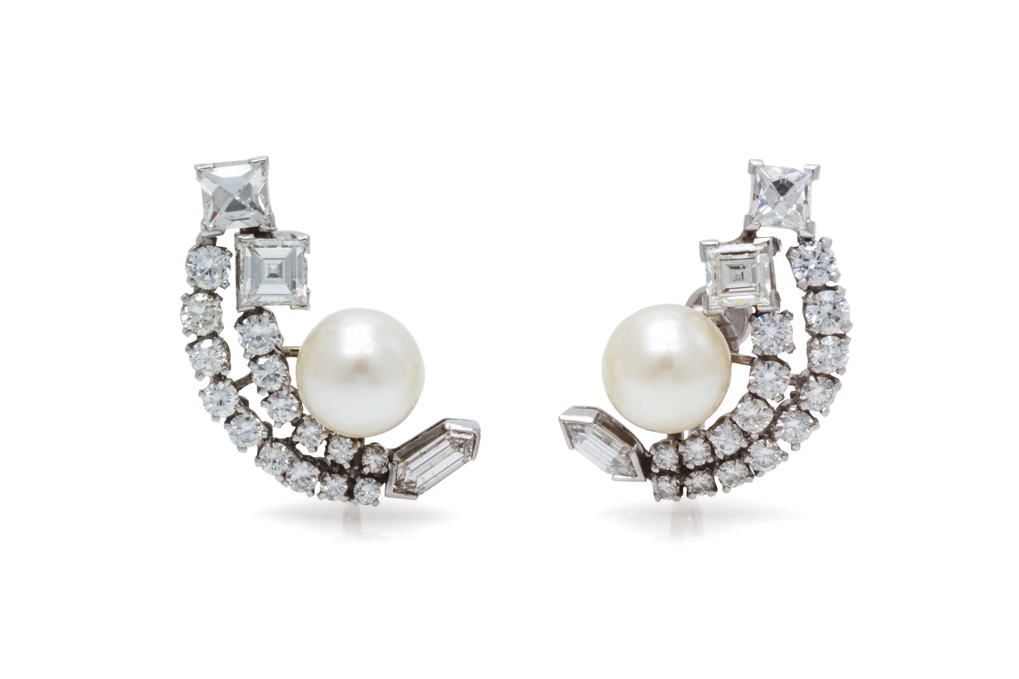 A Pair of Vintage Platinum, Cultured Pearl and Diamond Earclips, 8.50 dwts.