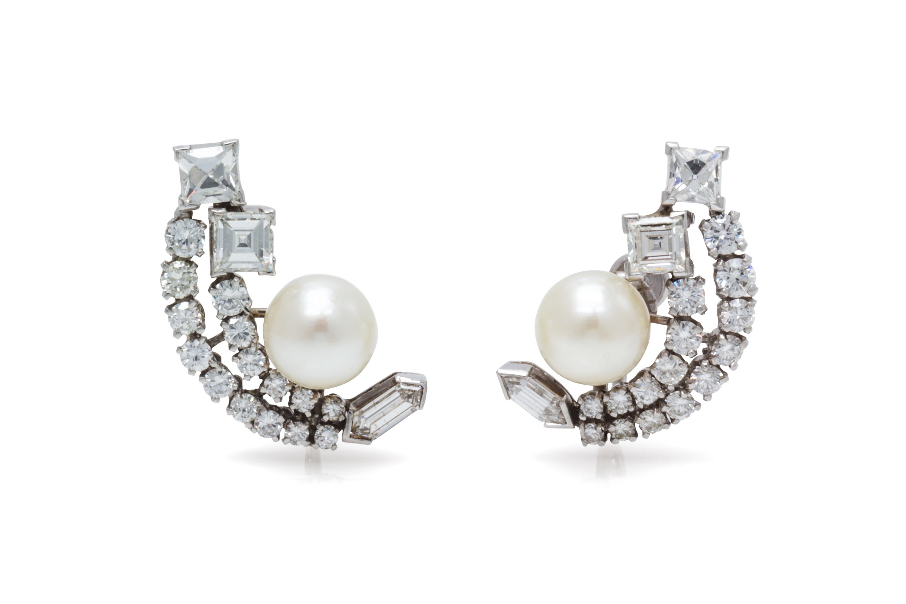 A Pair of Vintage Platinum, Cultured Pearl and Diamond Earclips, 8.50 dwts.