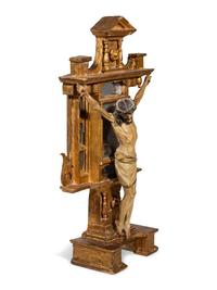 A Continental Carved, Polychromed, Parcel Gilt and Mirrored Crucifix