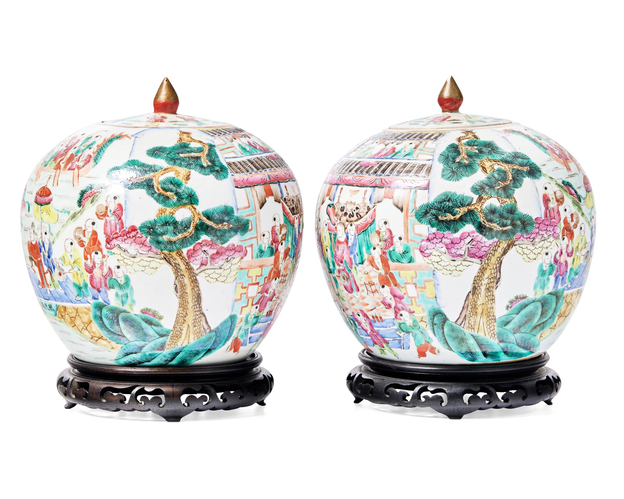 A Pair of Chinese Export Rose Mandarin Porcelain Covered Ginger Jars