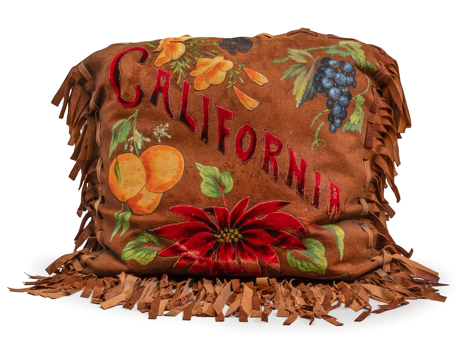 A Pair of California Arts and Crafts Painted and Appliqued Leather Pillows