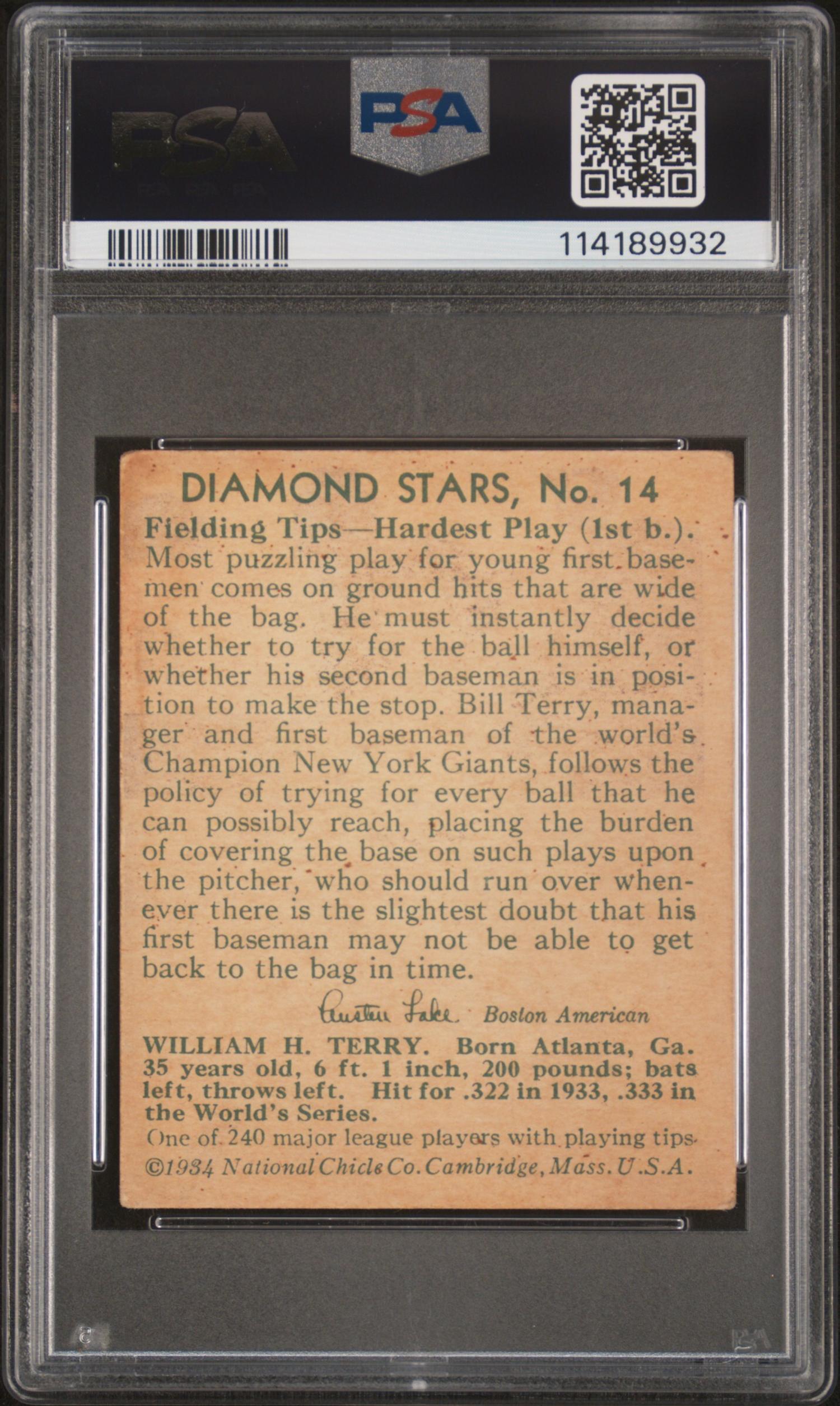 A 1934 Diamond Stars Bill Terry Baseball Card No. 14 (PSA 2 GOOD)