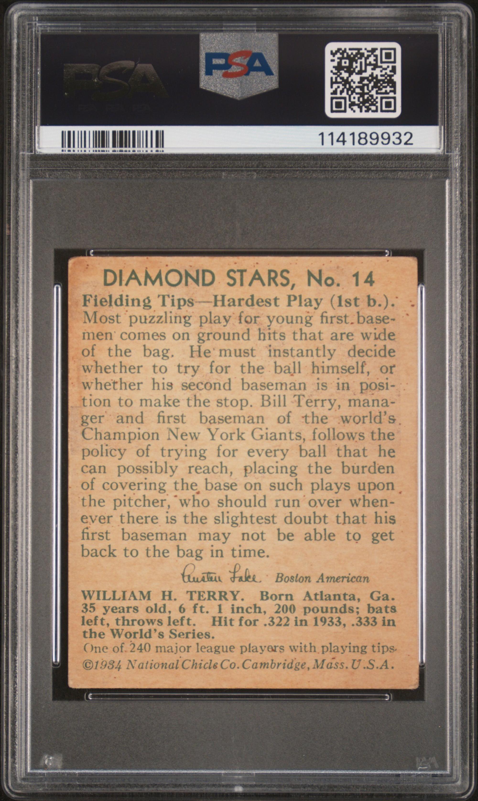 A 1934 Diamond Stars Bill Terry Baseball Card No. 14 (PSA 2 GOOD)