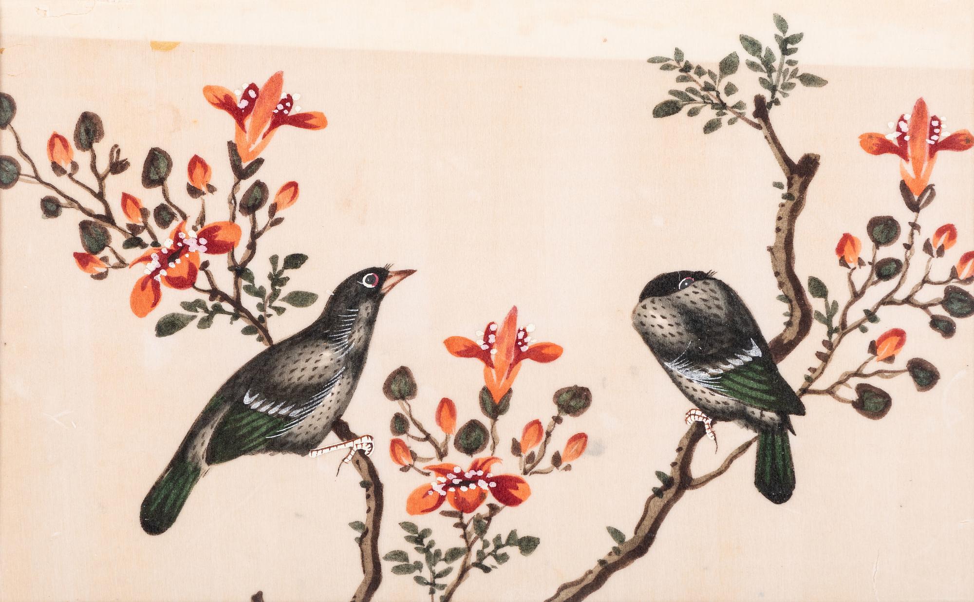 Seven Chinese Export Pith Paintings of Perched Birds and Flowers