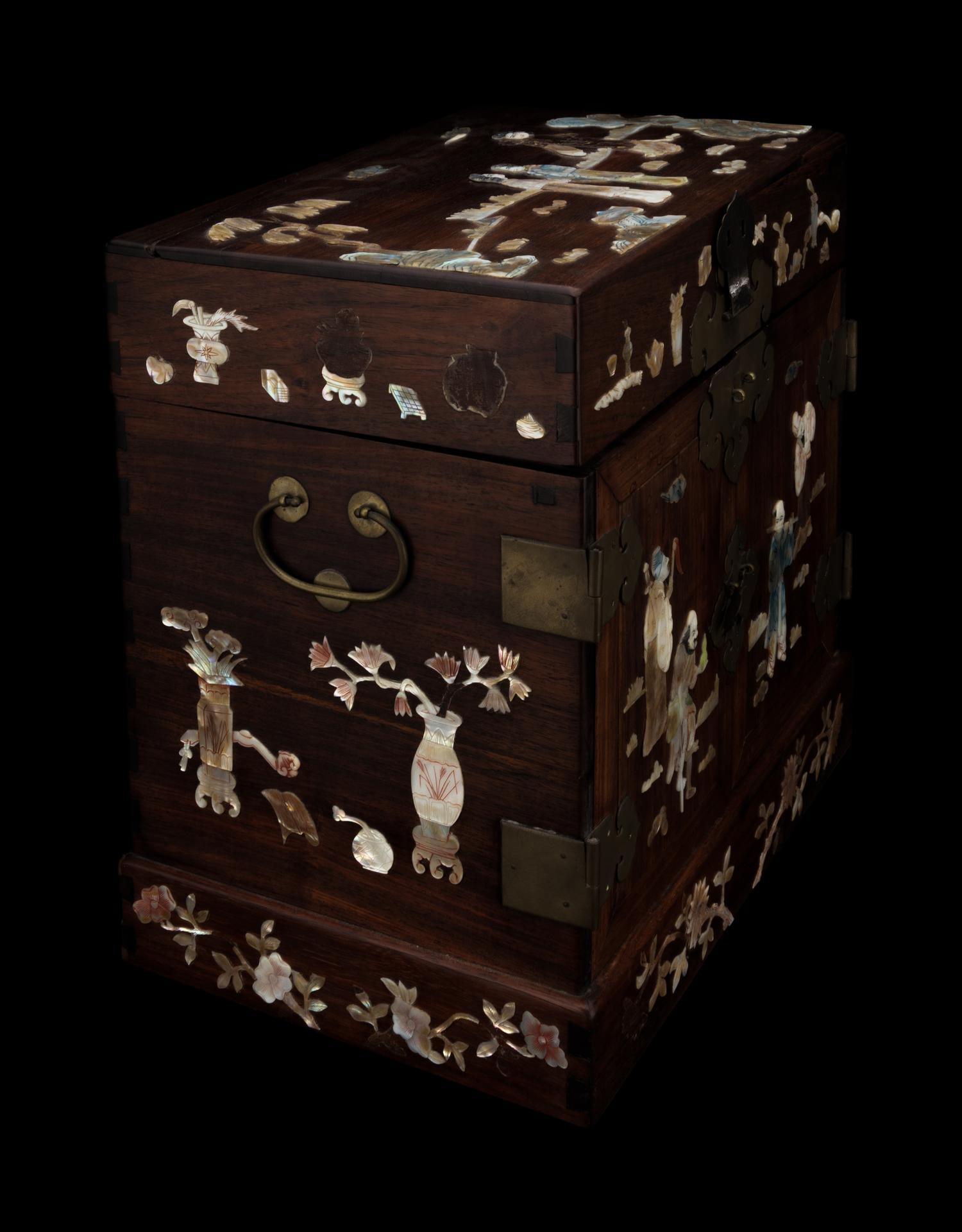 A Chinese Mother-of-Pearl Inlaid Huanghuali Seal Chest