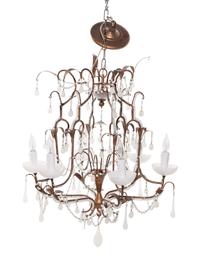 A Continental Gilt Metal and Opaline Glass Six-Light Chandelier