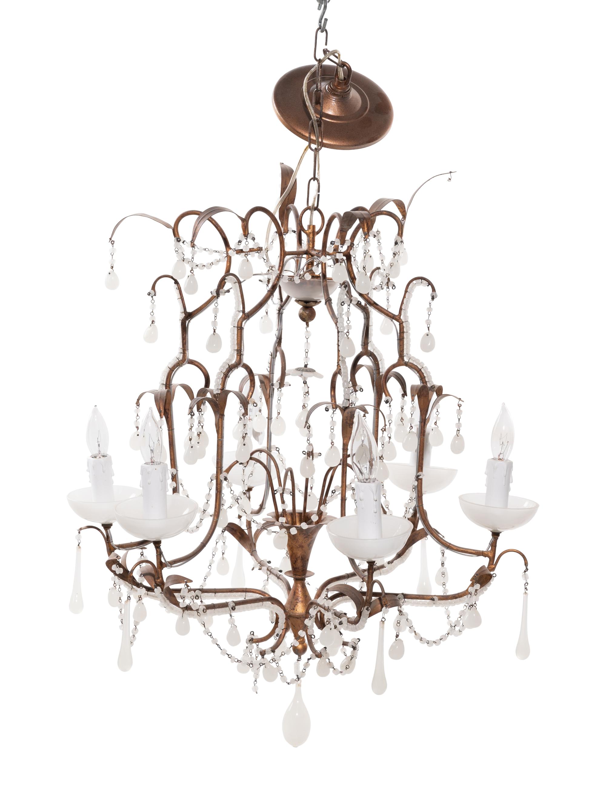 A Continental Gilt Metal and Opaline Glass Six-Light Chandelier