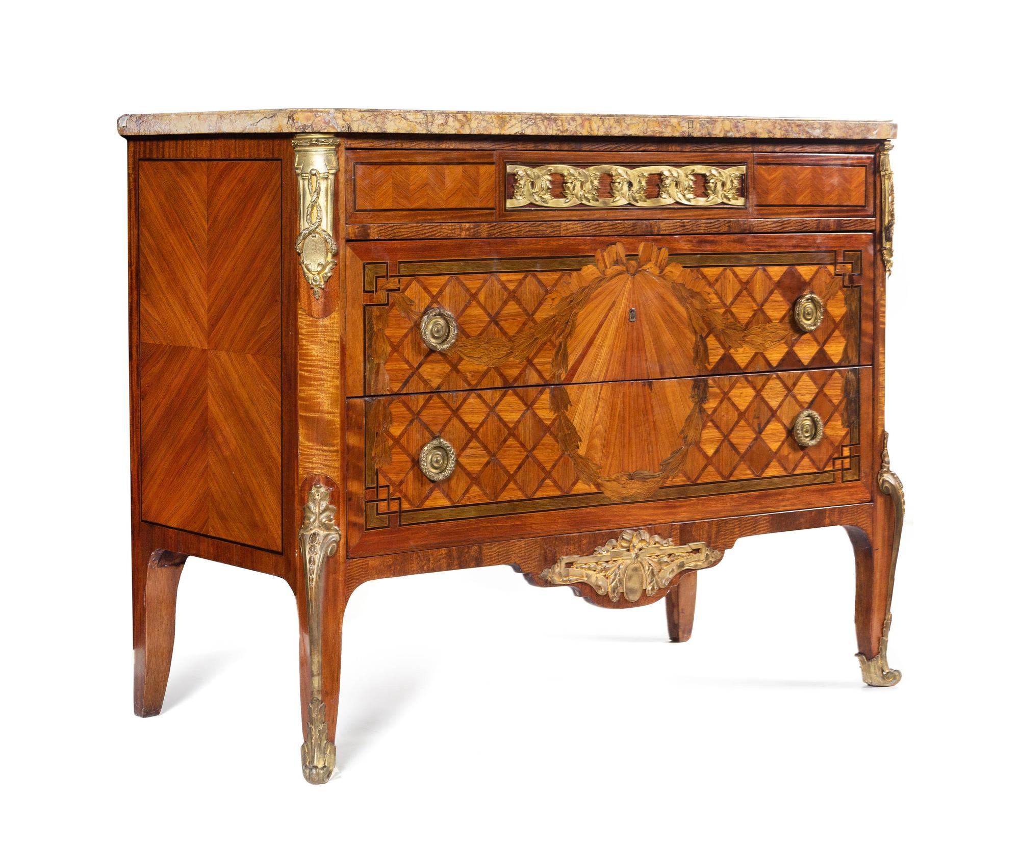 A Louis XV Style Gilt Bronze Mounted Parquetry Commode