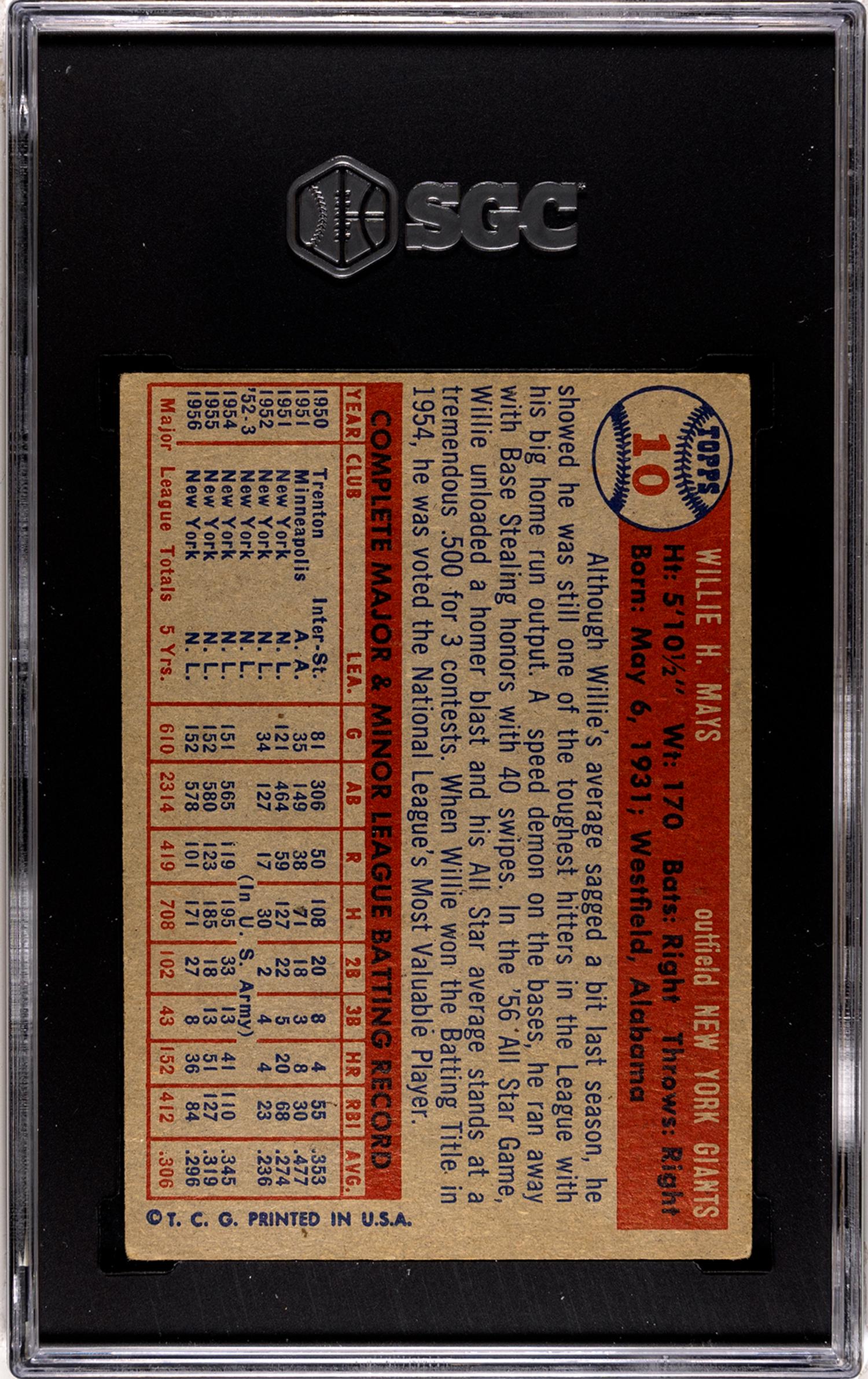 A 1957 Topps Willie Mays Baseball Card No. 10 (SGC 4 VG-EX)