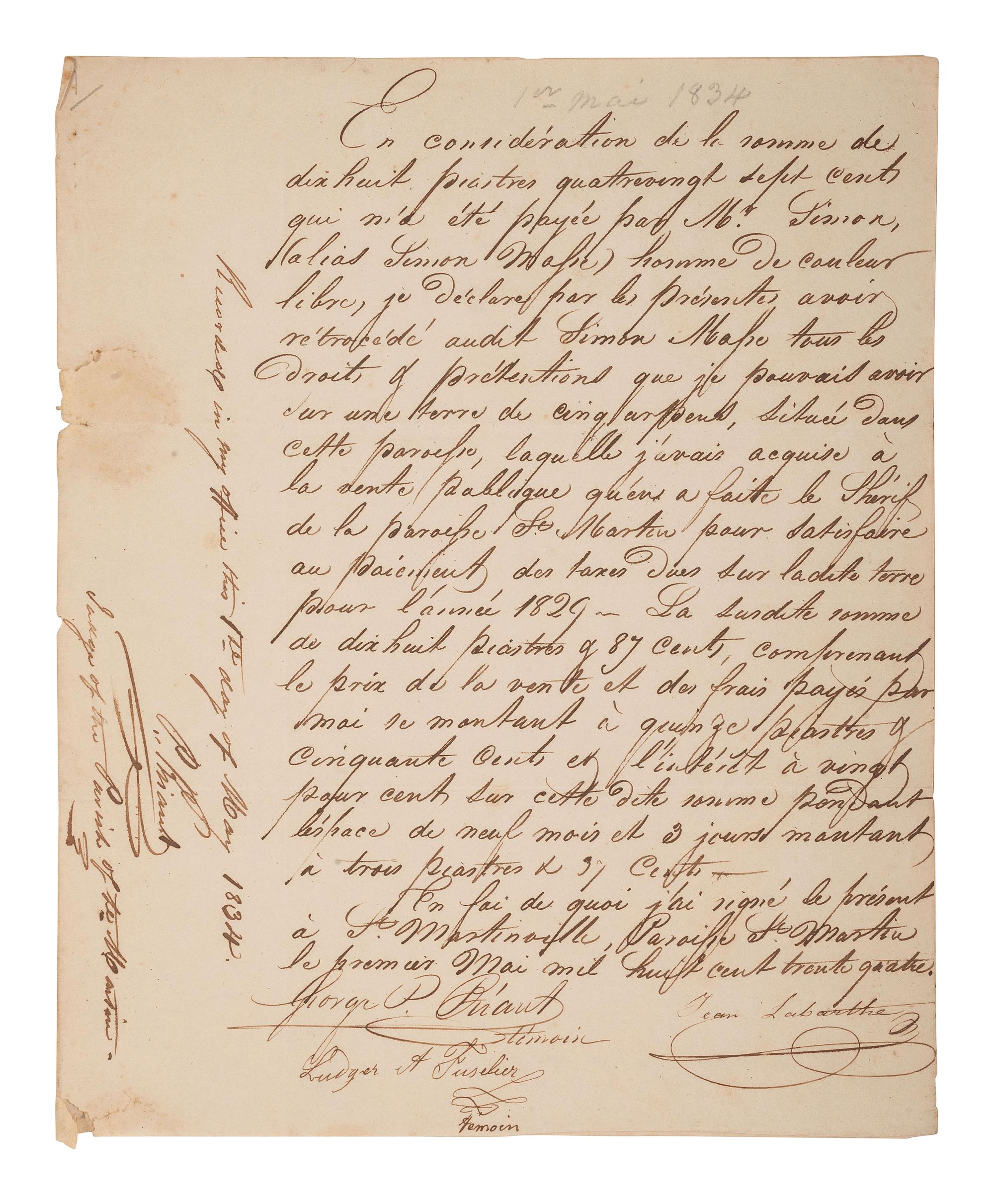 [LOUISIANA]. Manuscript document related to "Mr. Simon," a "homme de couleur libre," or French-speaking free person of color. St. Martin Parish, Louisiana. 1 May 1834.