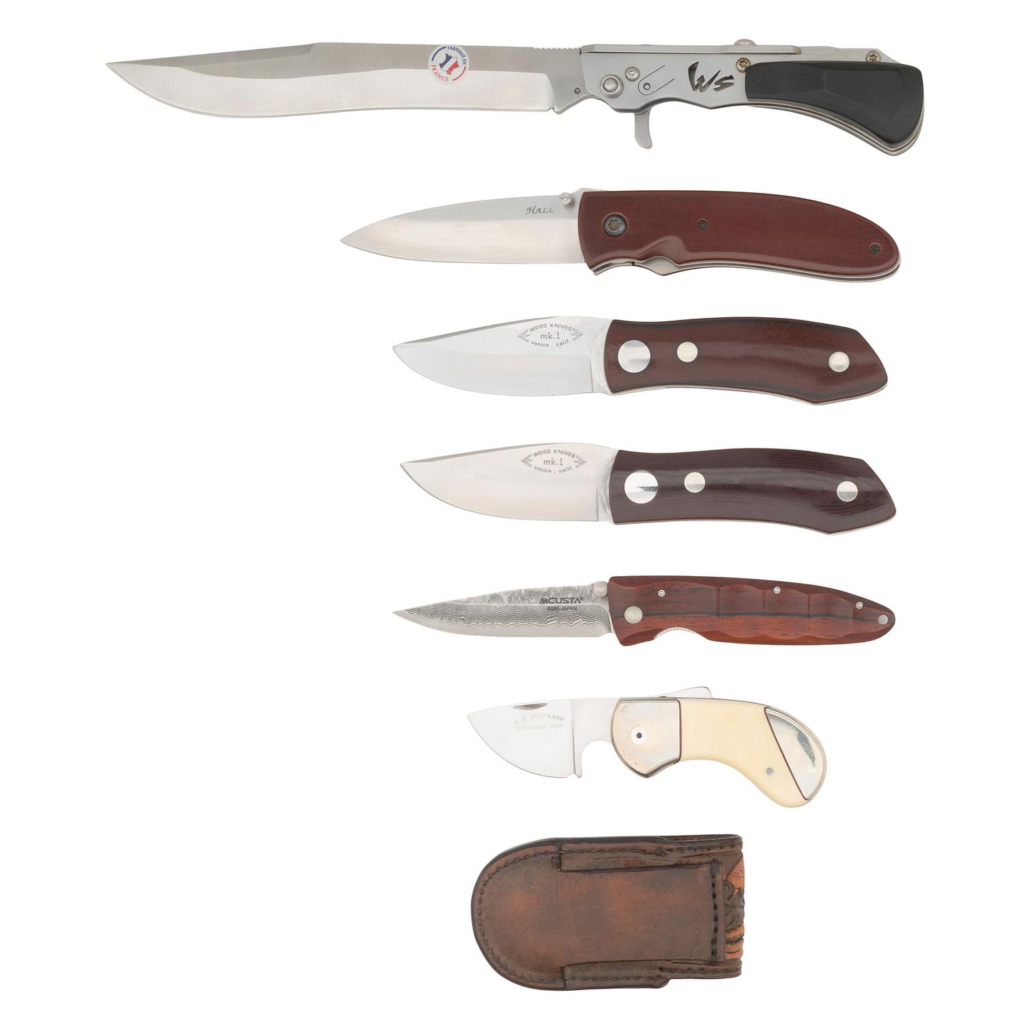 Lot of Six Folding Knives Including: Wildsteer, Hall, (2) Wood, MCUSTA and Hoffmann
