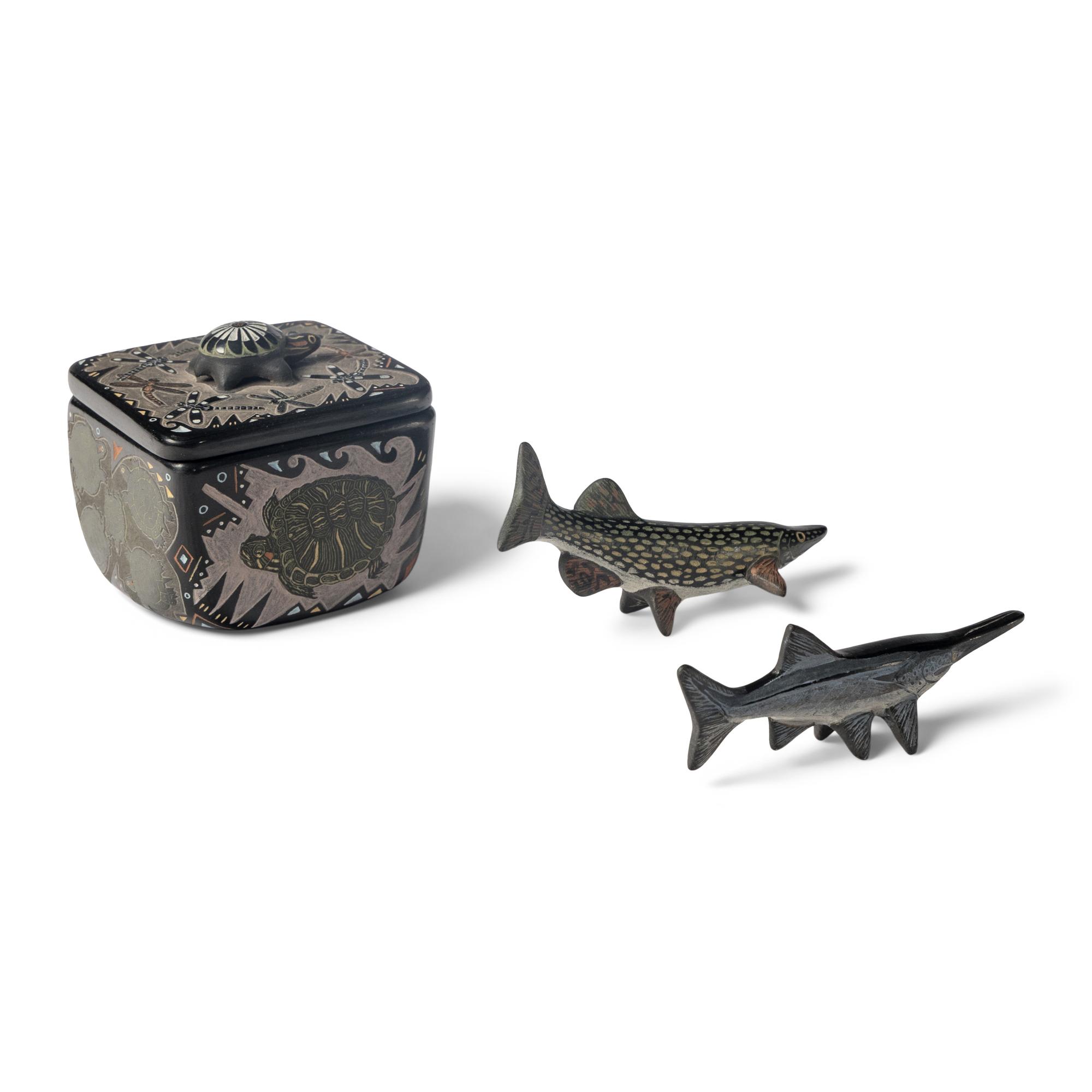 Jennifer Moquino (Santa Clara, b. 1977) — Sgraffito Pottery Box, Salmon, and Sturgeon