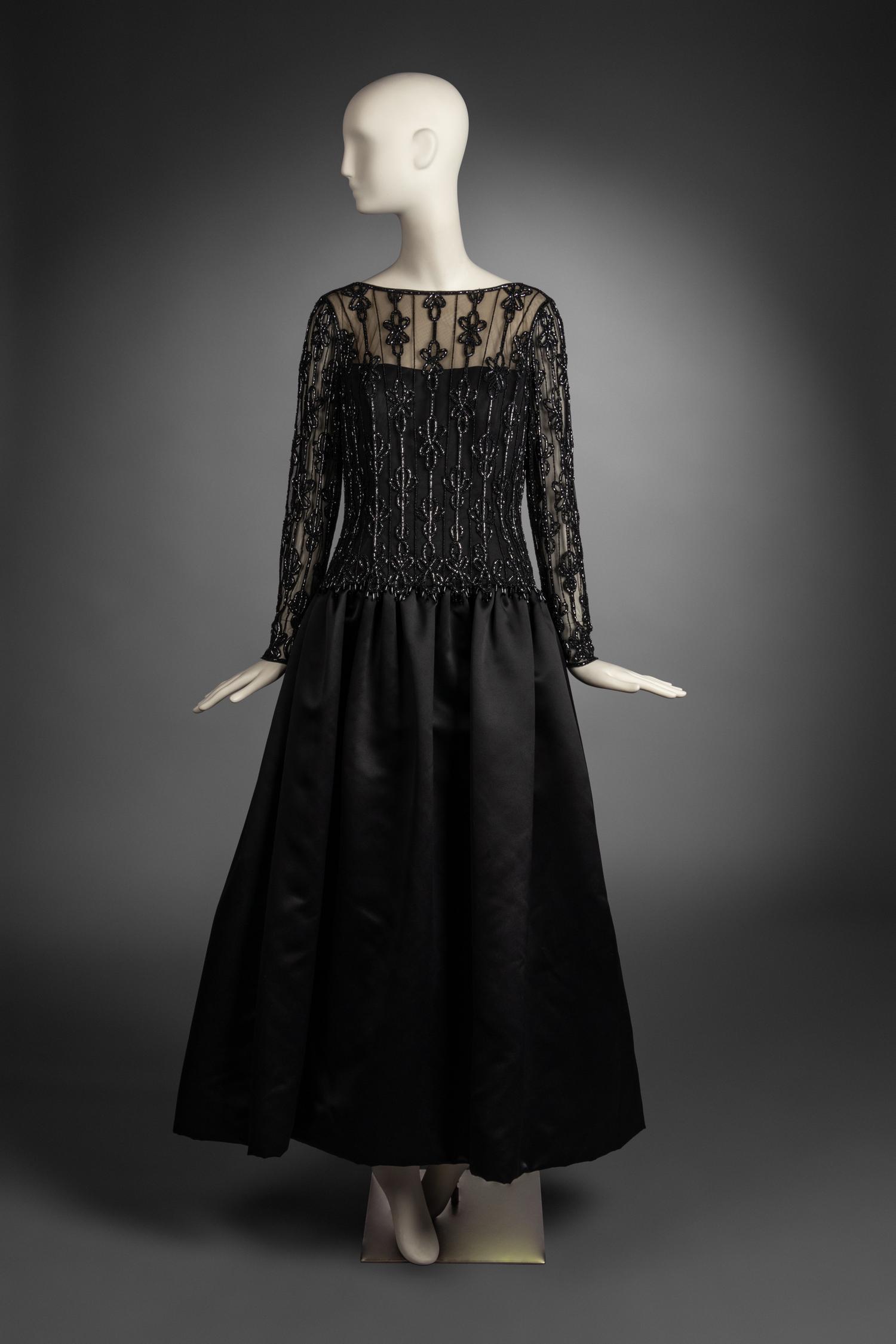 Bob Mackie Black Satin Dress with Embellished Tulle Upper, 1980-90s