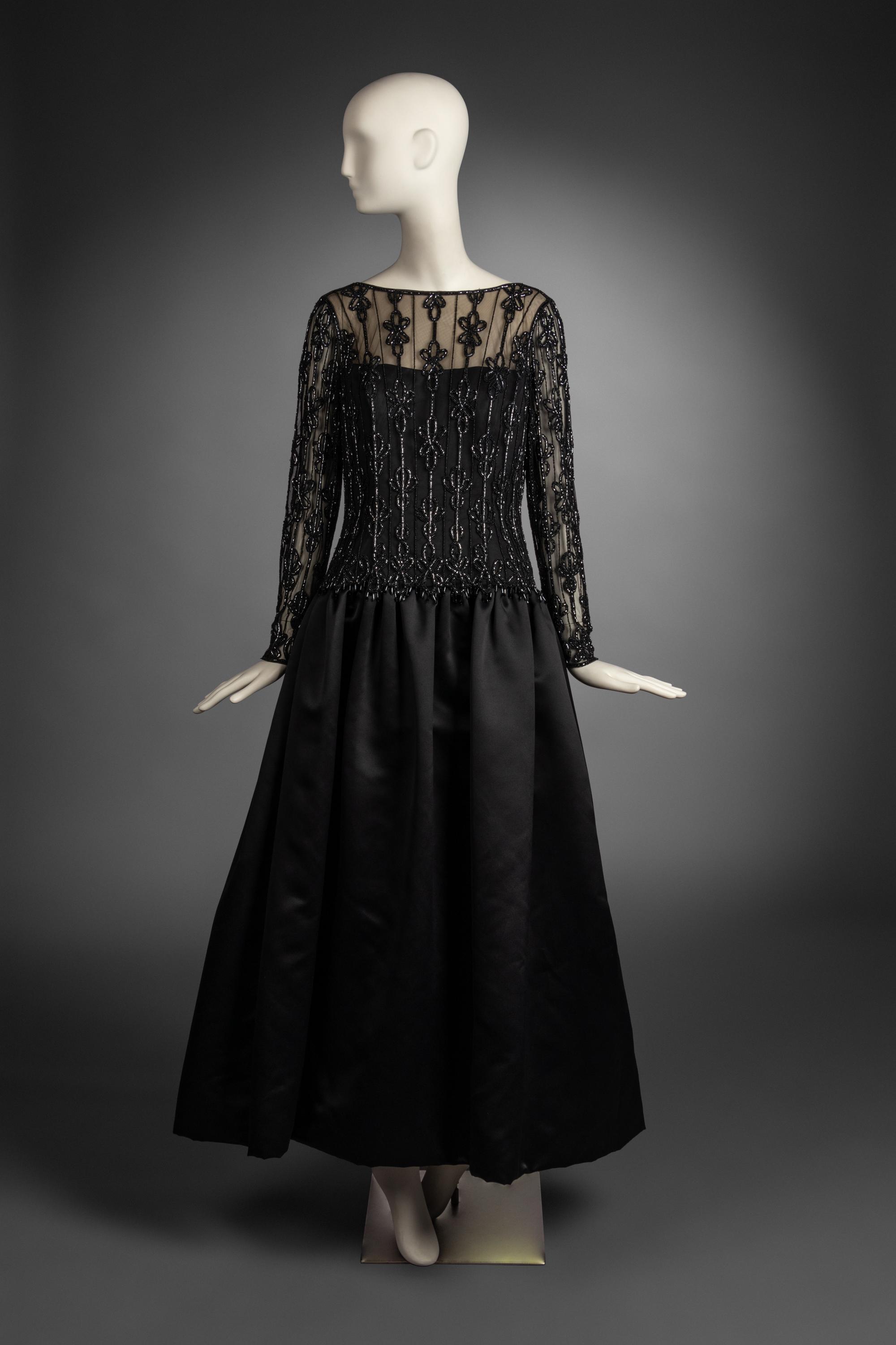Bob Mackie Black Satin Dress with Embellished Tulle Upper, 1980-90s