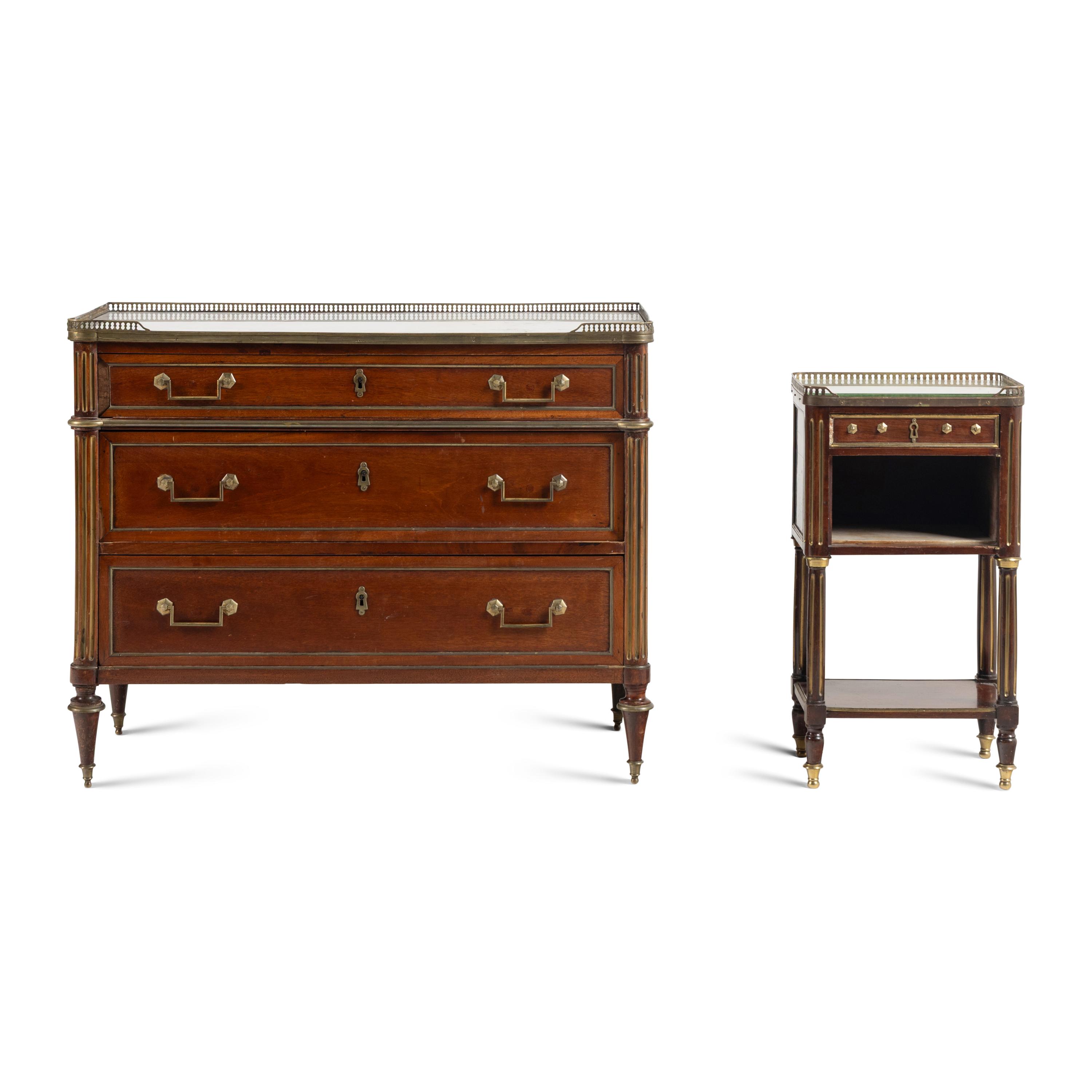 A Directoire Gilt Brass Mounted Mahogany Marble-Top Commode
