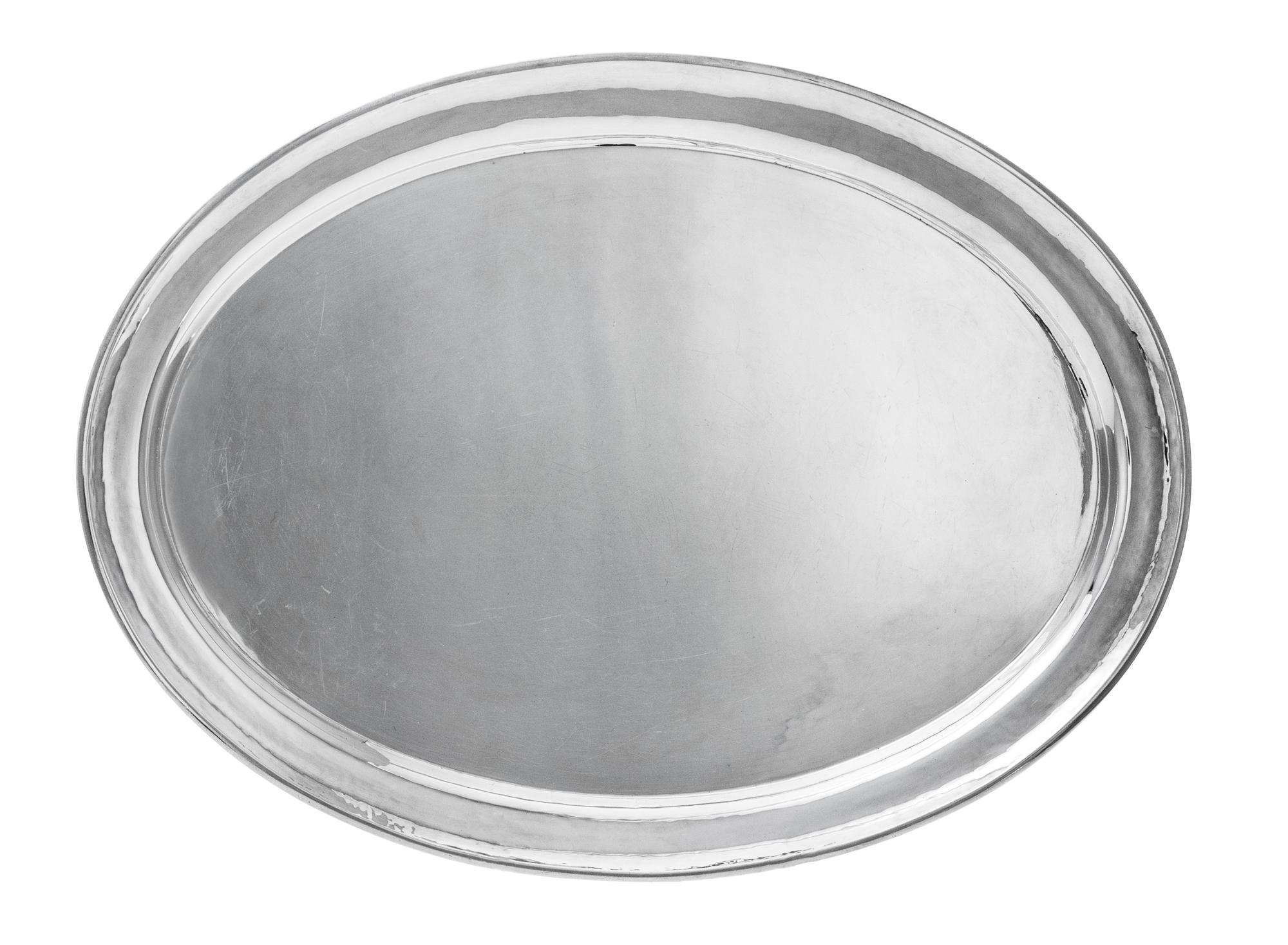 A Danish Silver Serving Tray, Georg Jensen Silversmithy, Copenhagen, Second Half 20th Century, of simple oval form with molded rim, mod
