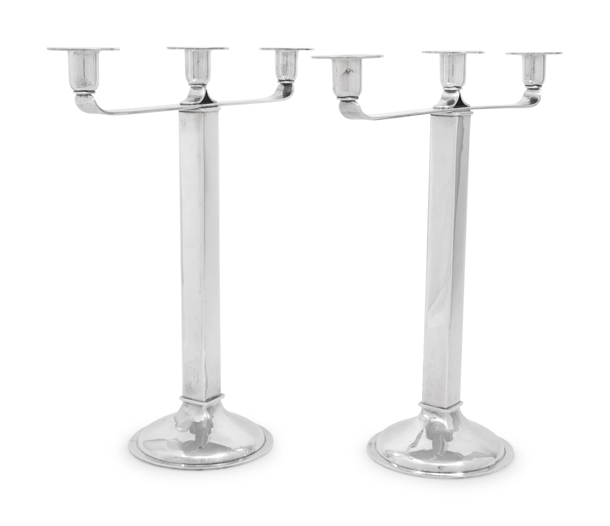 A Pair of Porter Blanchard Silver Three-Light Candelabra