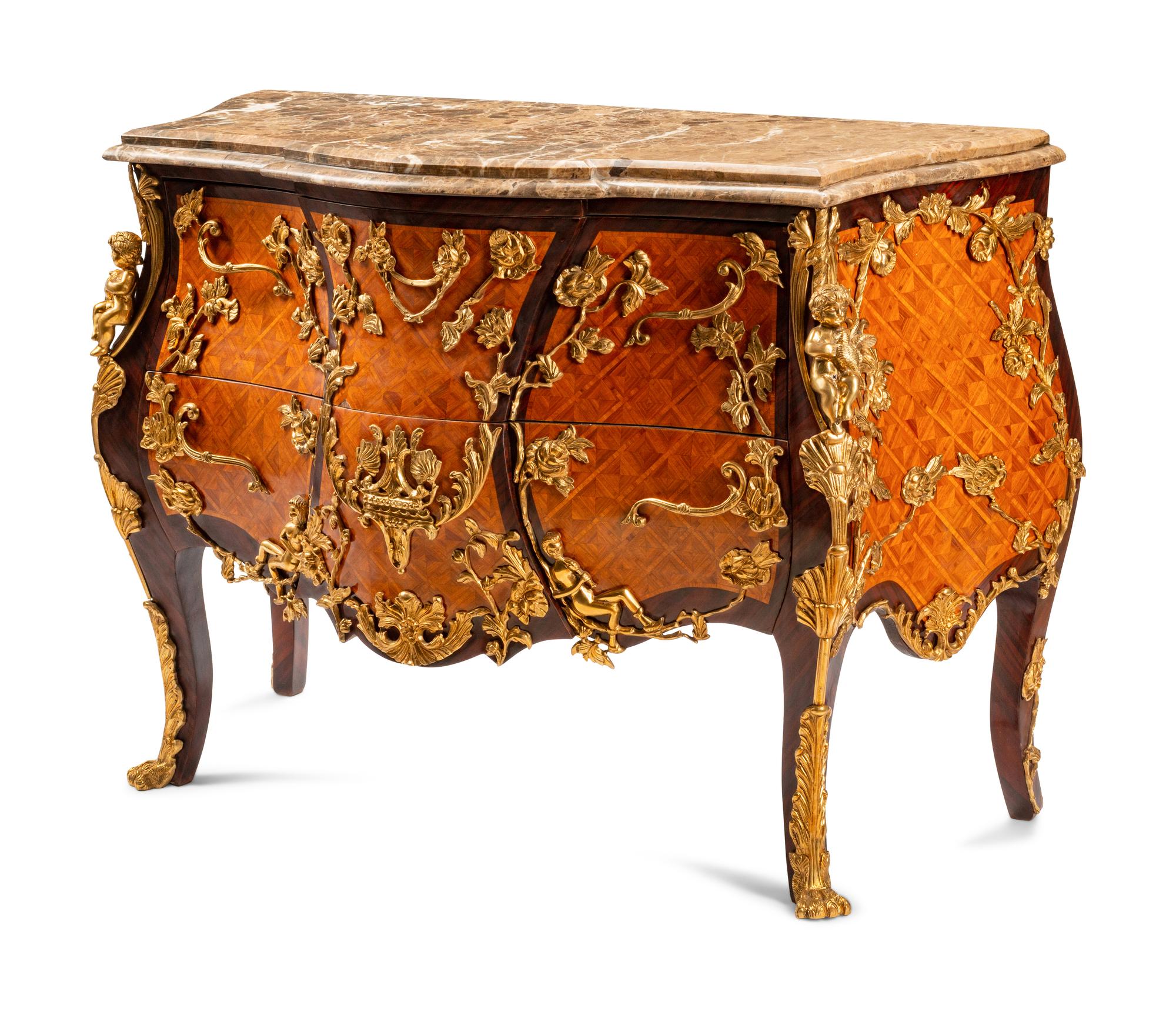A Louis XV Style Gilt Bronze Mounted Parquetry Marble-Top Commode After the Model by Charles Cressent