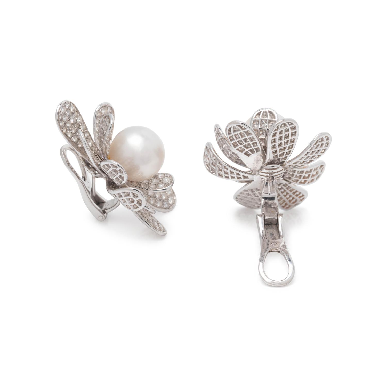 ROBERTO LEGNAZZI, CULTURED SOUTH SEA PEARL AND DIAMOND FLOWER EARCLIPS