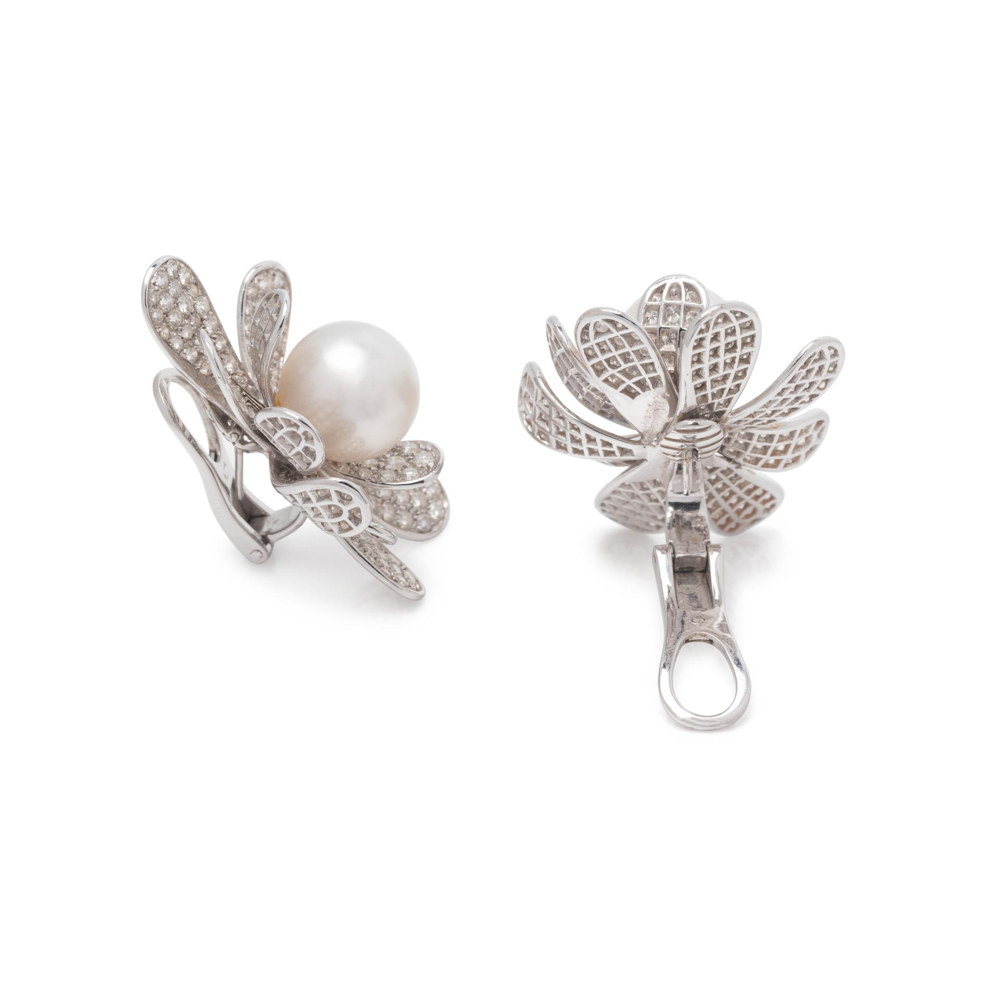 ROBERTO LEGNAZZI, CULTURED SOUTH SEA PEARL AND DIAMOND FLOWER EARCLIPS