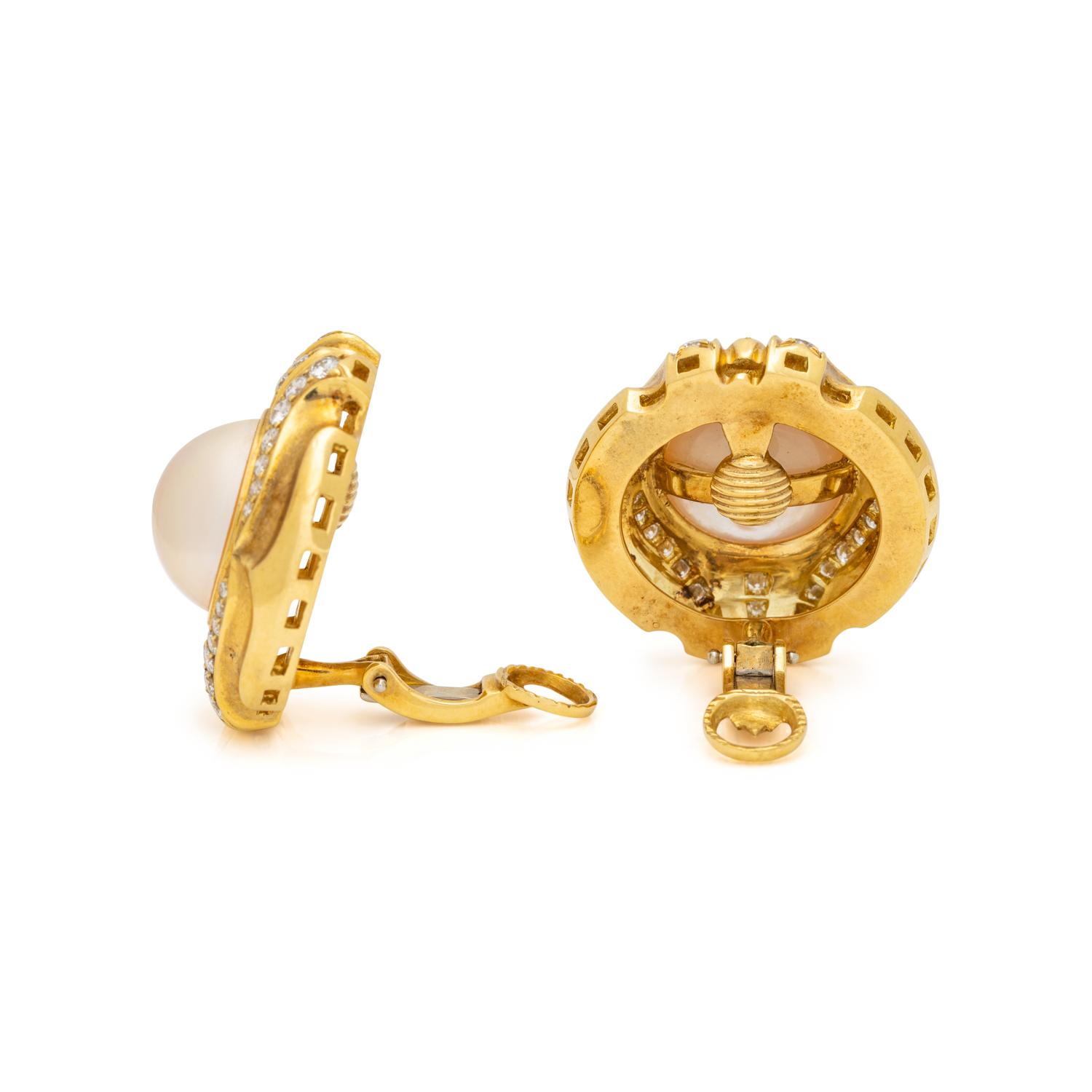 YELLOW GOLD, CULTURED MABE PEARL AND DIAMOND EARCLIPS
