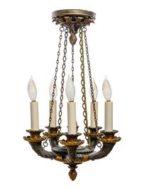 An Empire Style Gilt and Patinated Bronze Five-Light Chandelier